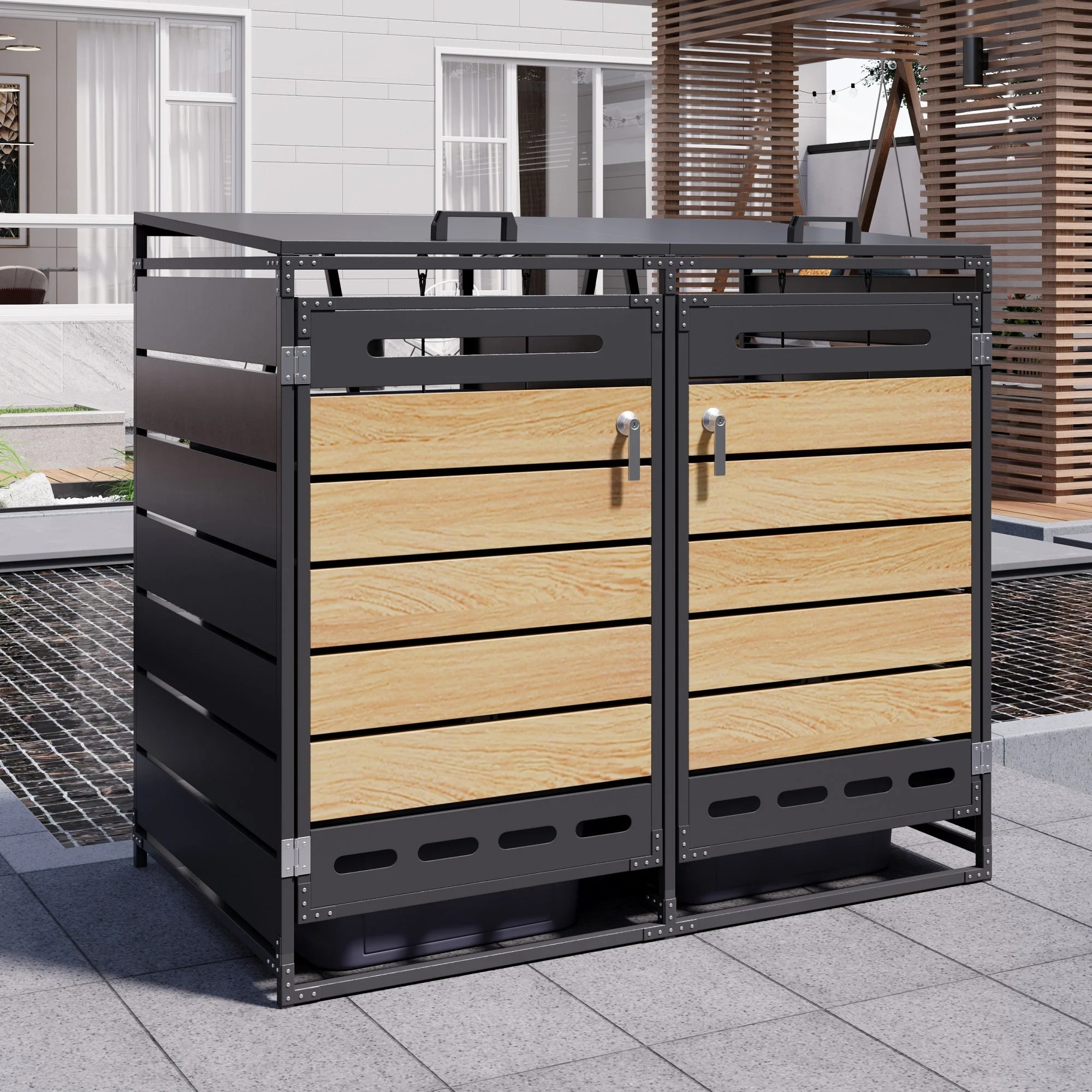 Bin Storage Unit with Hydraulic Lid and Slotted Ventilation, Iron with Wood-Look Cladding - Image 5