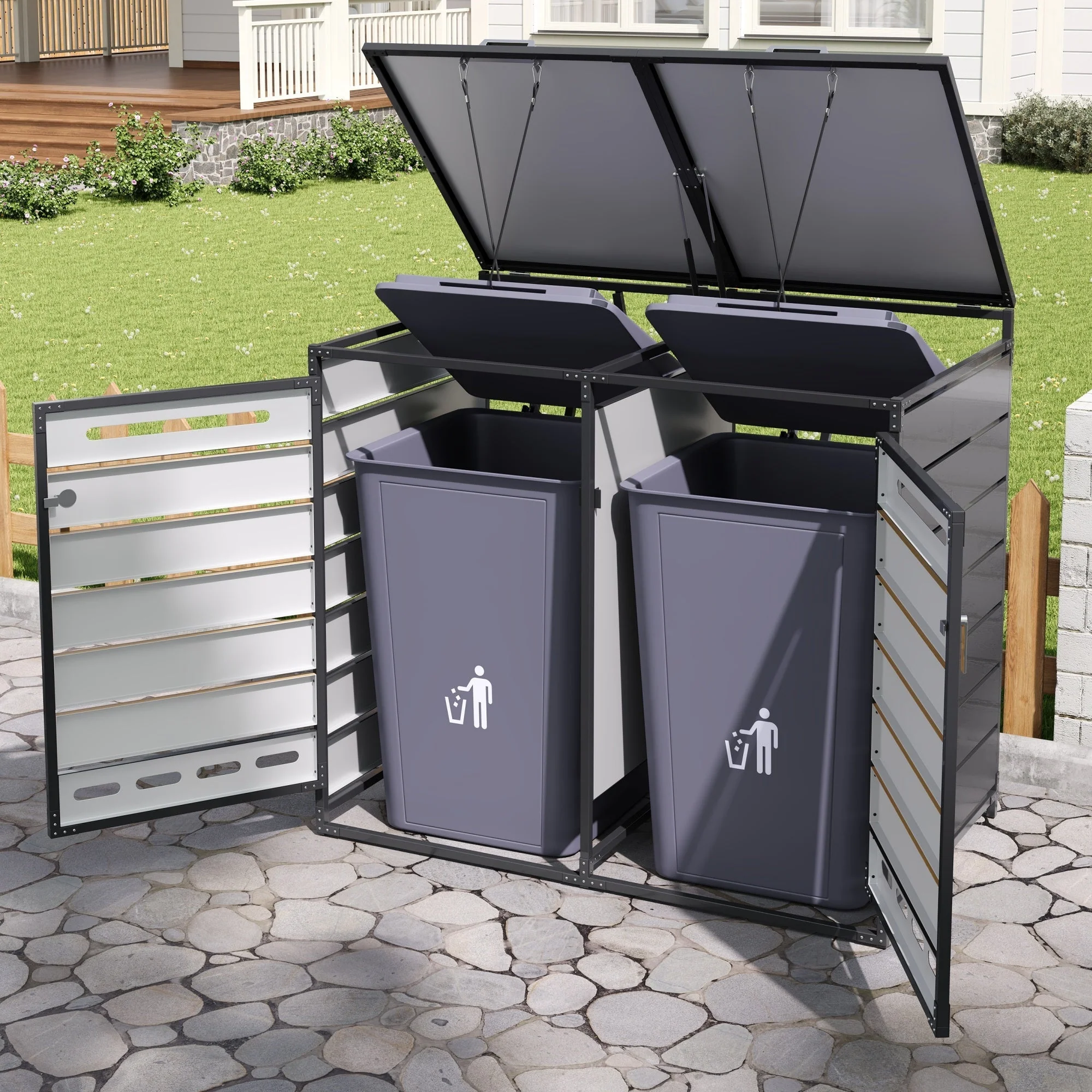 Bin Storage Unit with Hydraulic Lid and Slotted Ventilation, Iron with Wood-Look Cladding - Image 7