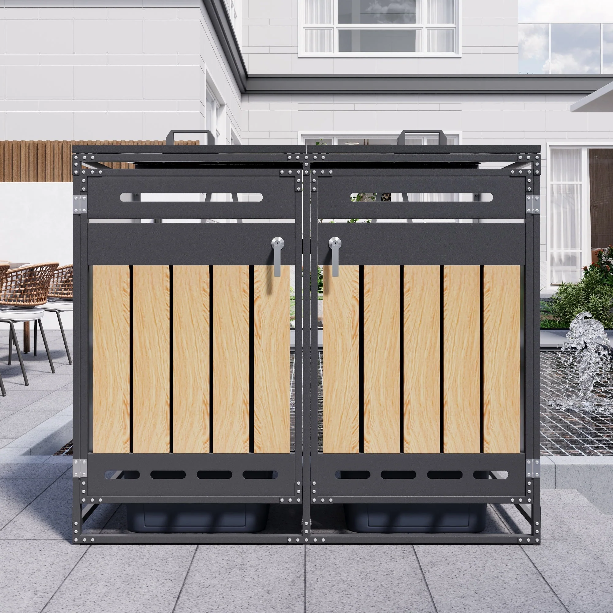 Bin Storage Unit with Hydraulic Lid, Slotted Ventilation and Lock, Iron Wood-Look Cladding - Image 2