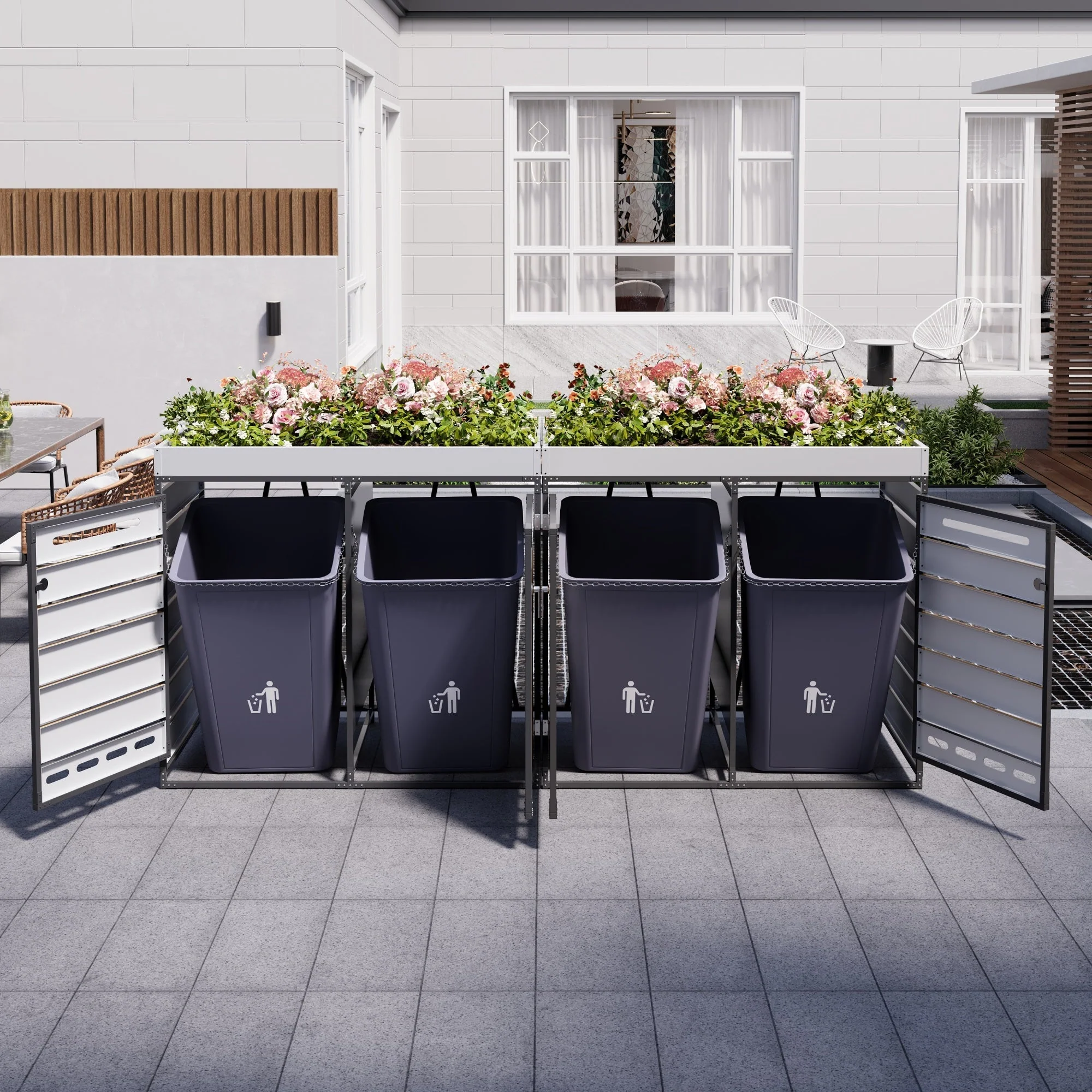Bin Storage Unit with Planter Box, Slotted Ventilation and Lock, Iron with Wood-Look Slats - Image 2