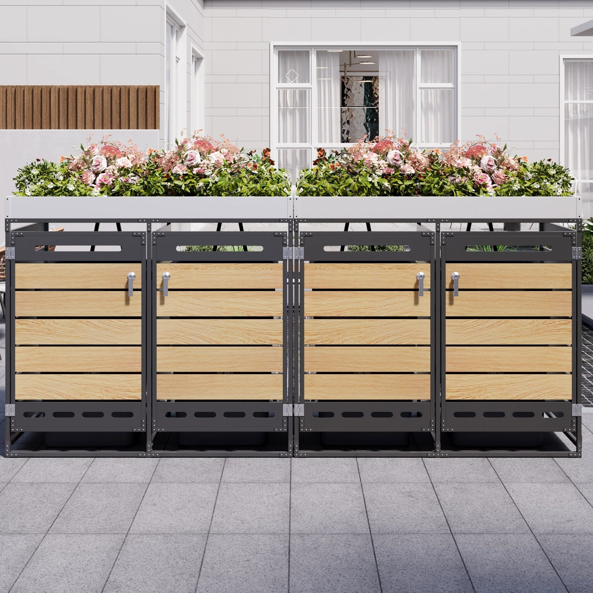 Bin Storage Unit with Planter Box, Slotted Ventilation and Lock, Iron with Wood-Look Slats - Image 3