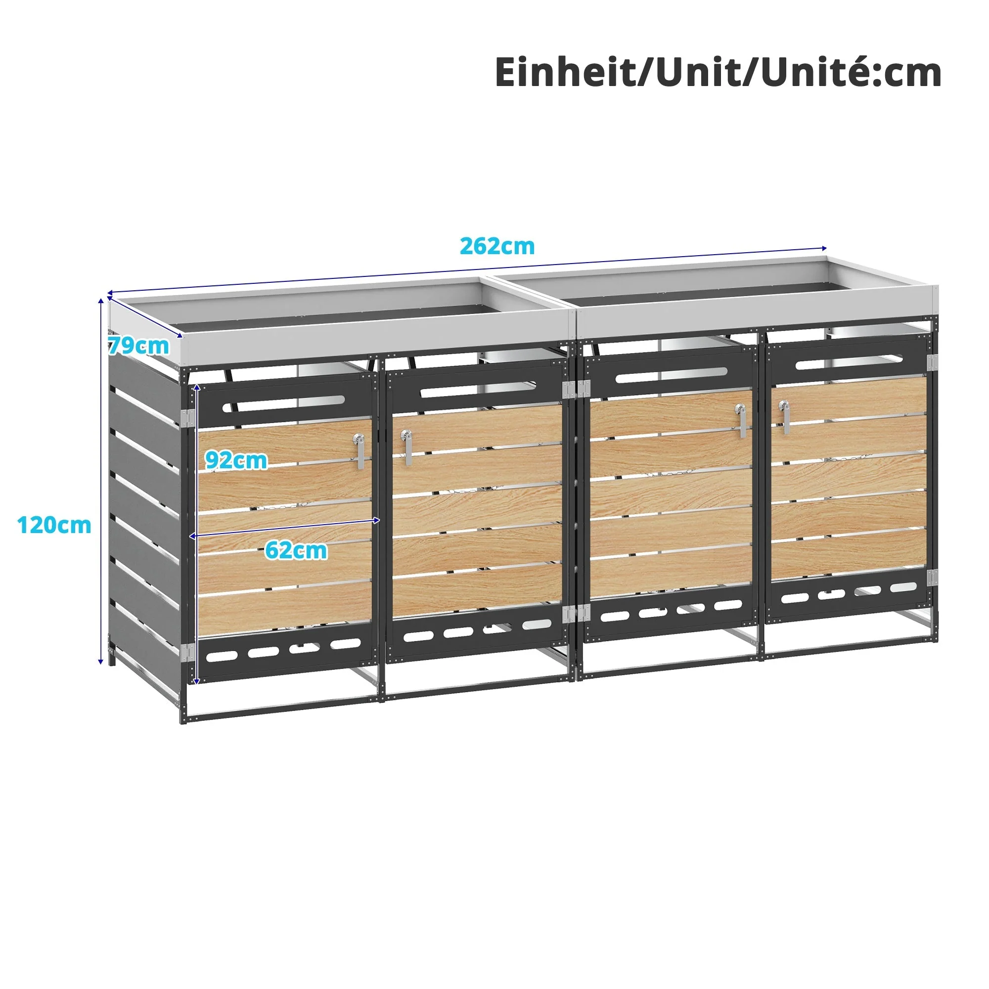 Bin Storage Unit with Planter Box, Slotted Ventilation and Lock, Iron with Wood-Look Slats - Image 4