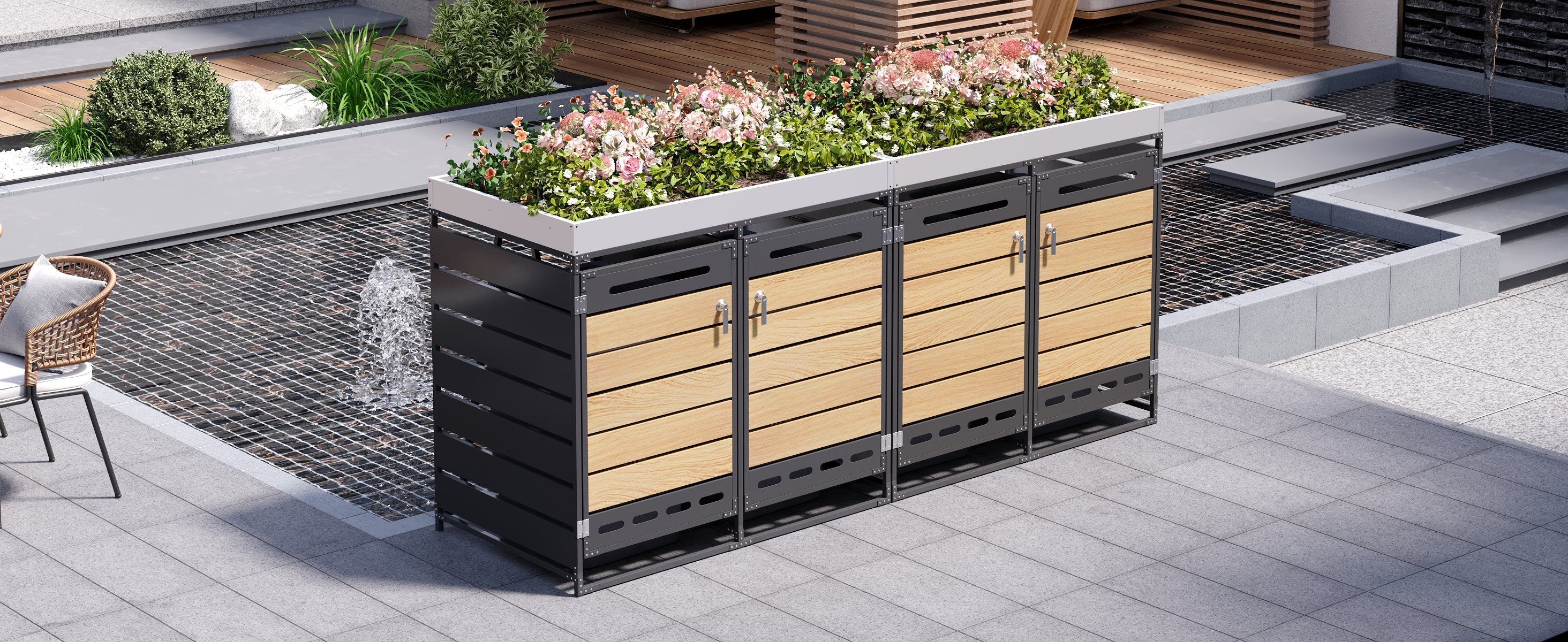 Bin Storage Unit with Planter Box, Slotted Ventilation and Lock, Iron with Wood-Look Slats - Image 6