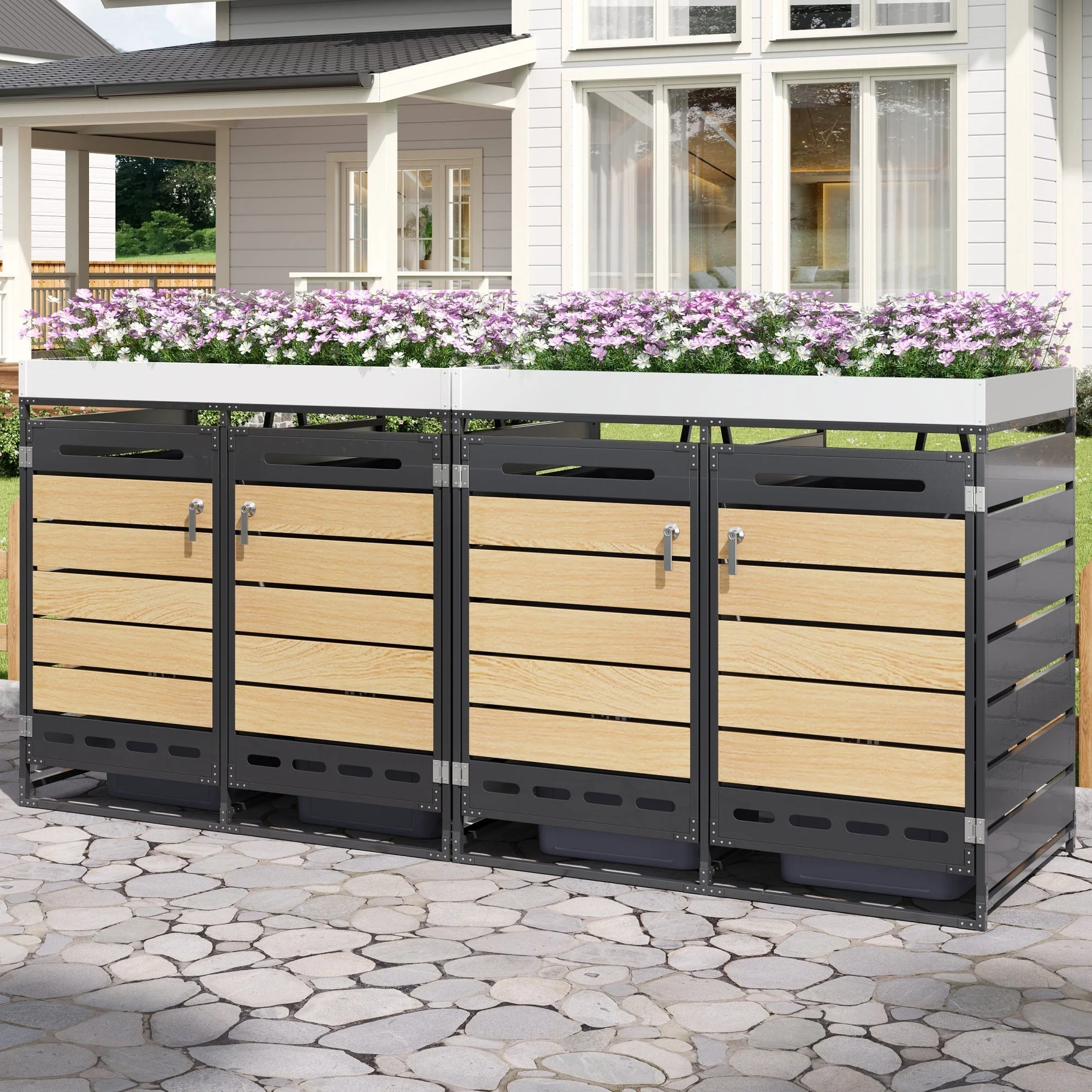 Bin Storage Unit with Planter Box, Slotted Ventilation and Lock, Iron with Wood-Look Slats - Image 9
