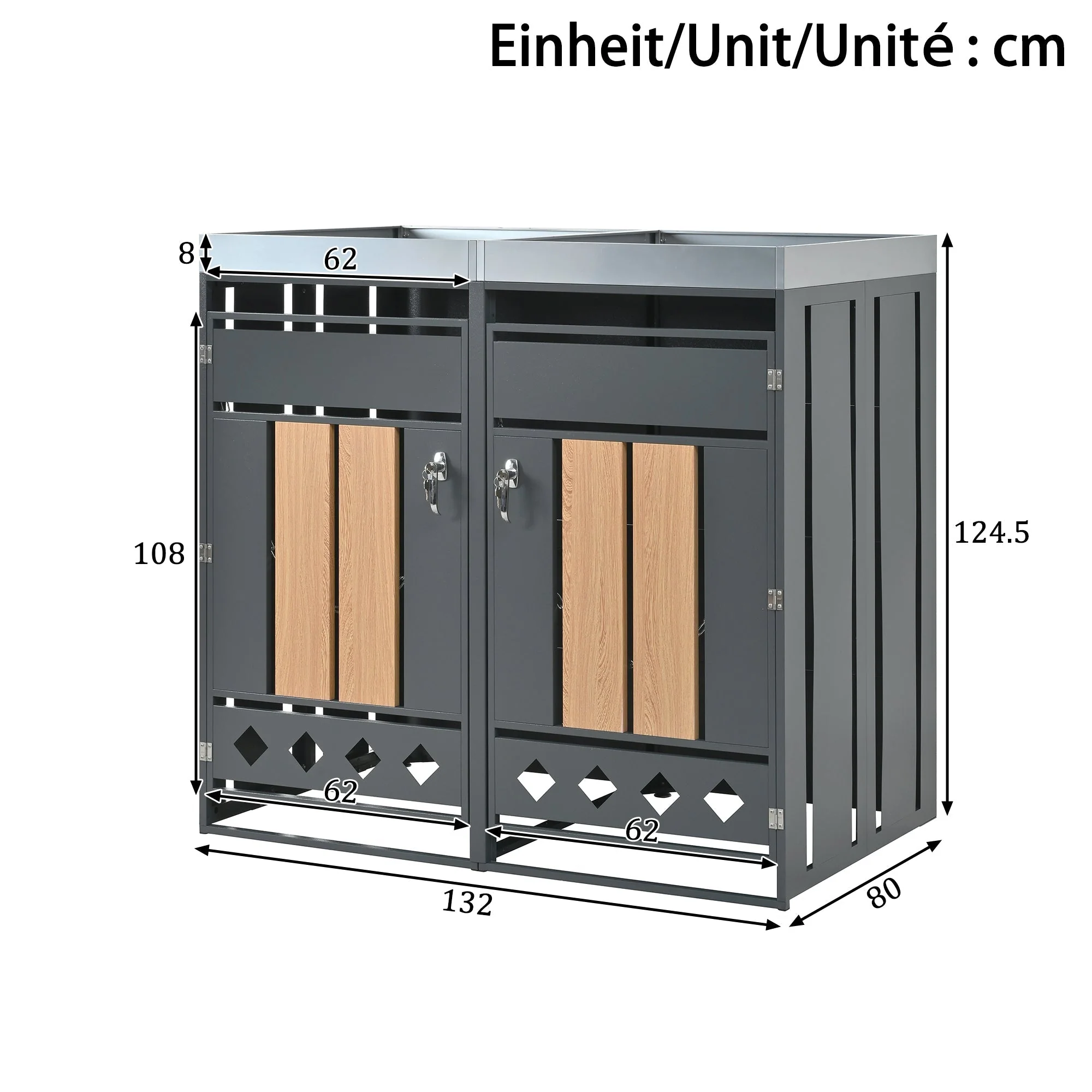Bin Storage Unit with Planting Area, Lockable Two Doors and Hollow Base, Wood Grain Wood - Image 4