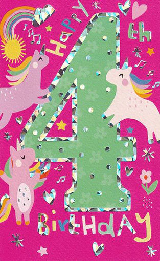 Birthday Card - Age 4 Unicorns Pink