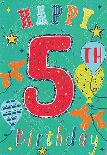 Birthday Card - Age 5 Green Balloons