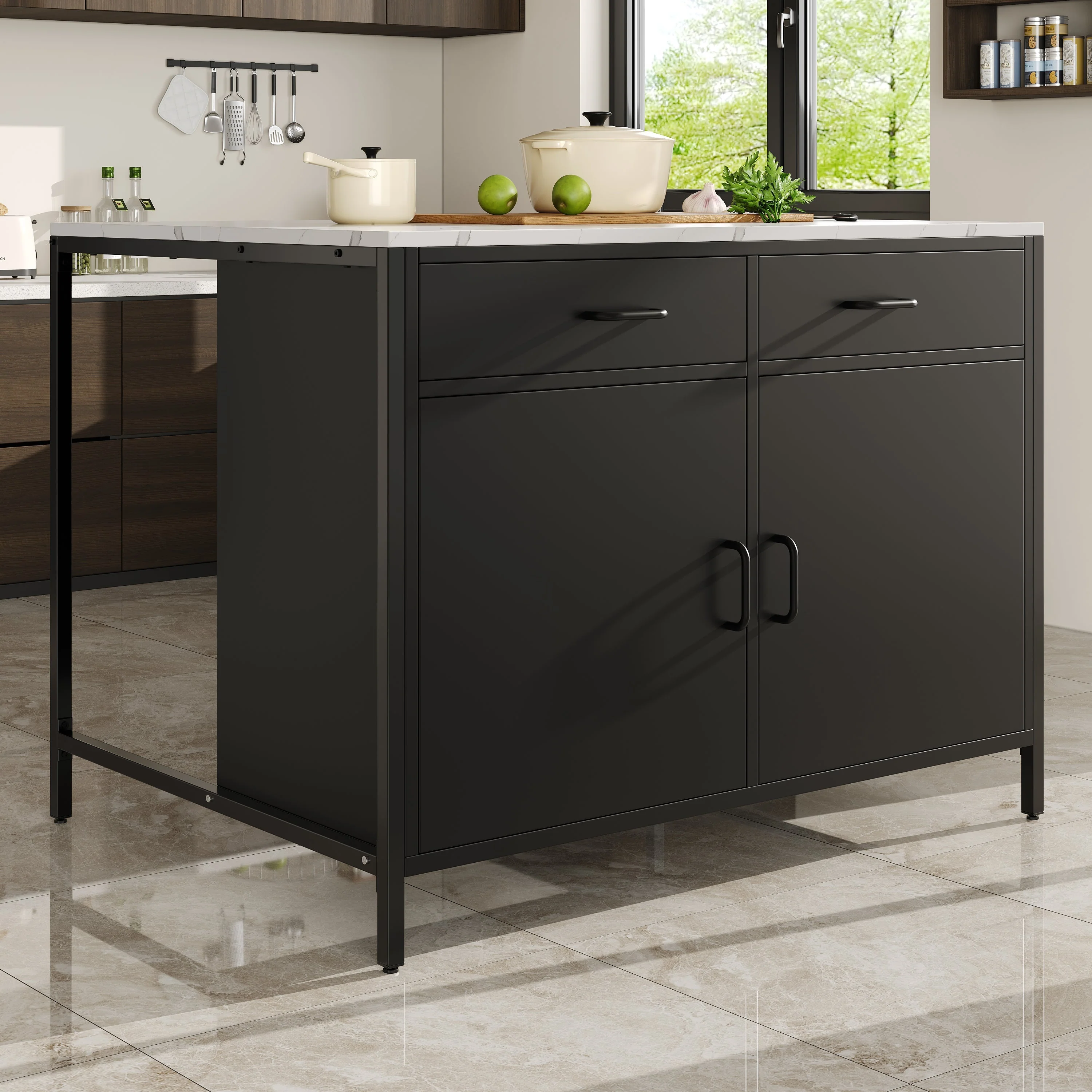 Black Bar Table with Marble Texture Tabletop and Adjustable Feet, MDF - Image 4