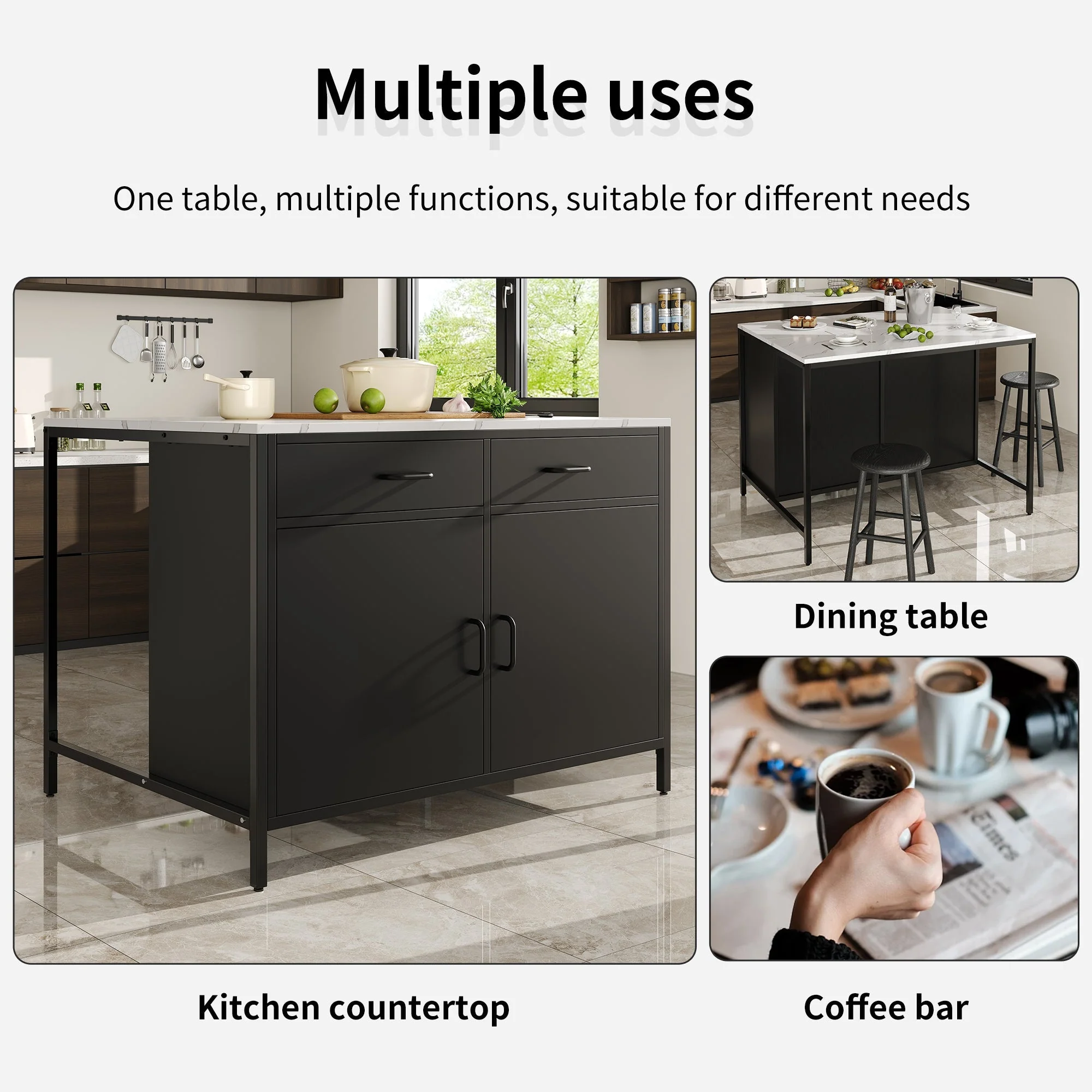 Black Bar Table with Marble Texture Tabletop and Adjustable Feet, MDF - Image 6