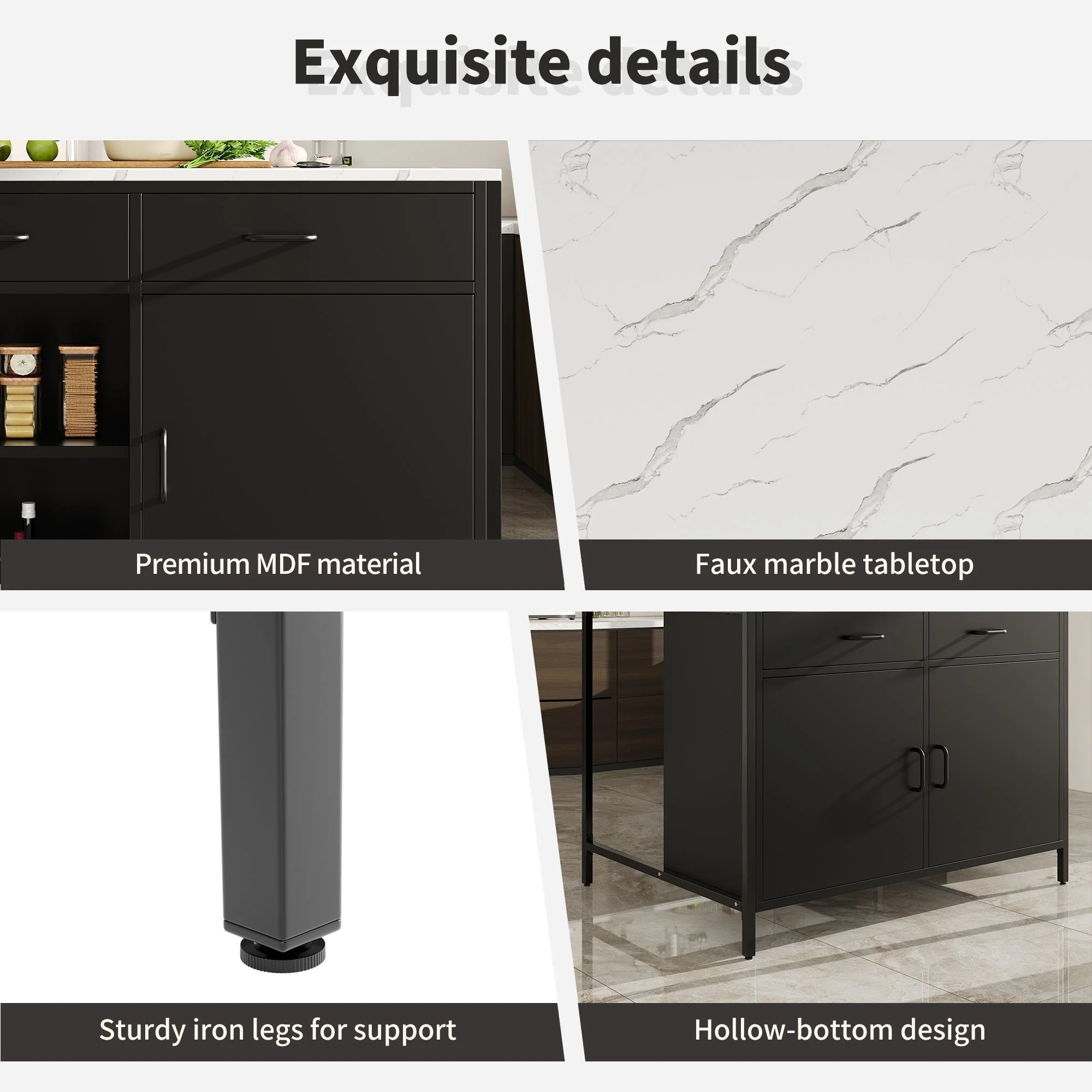 Black Bar Table with Marble Texture Tabletop and Adjustable Feet, MDF - Image 7