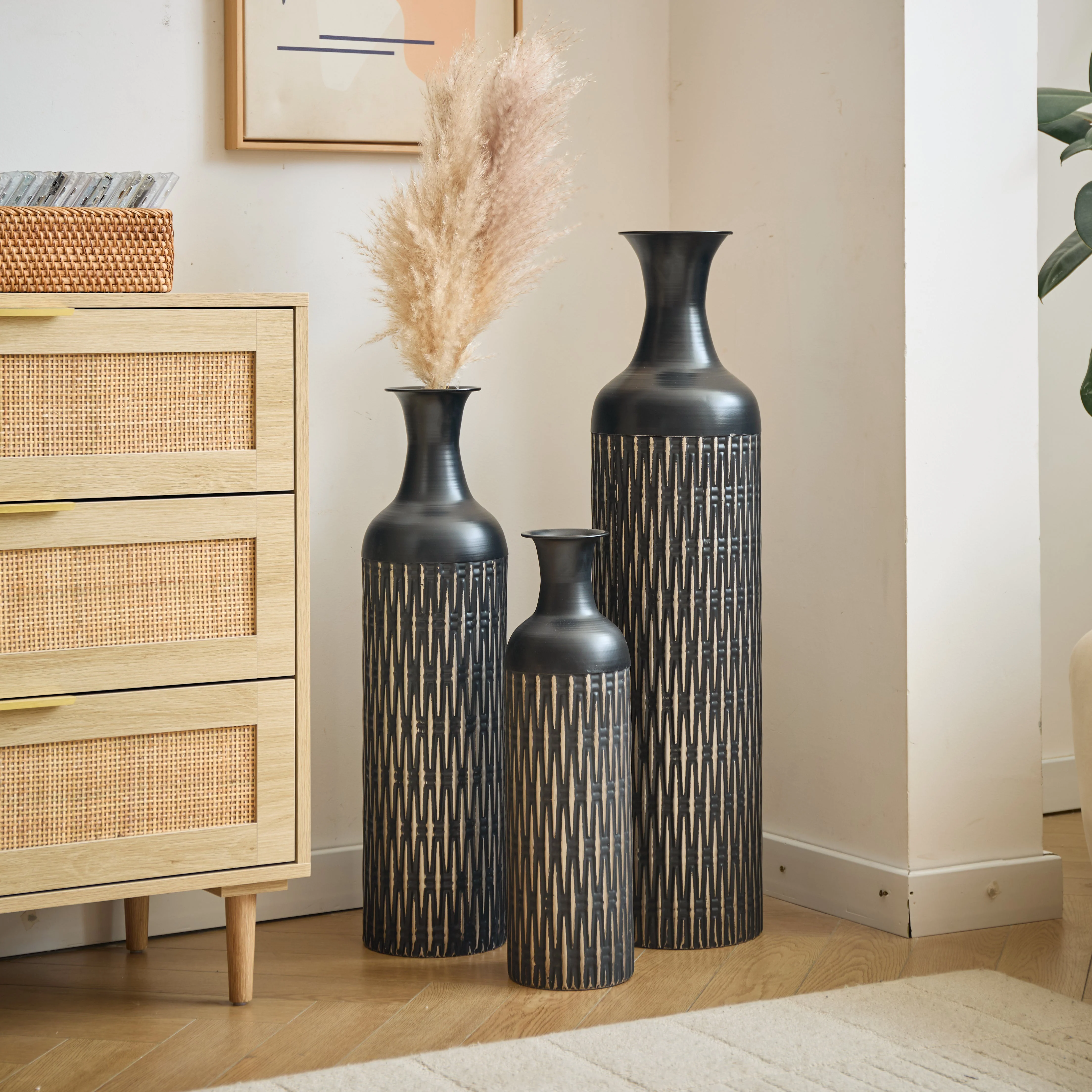 Black Floor Vase Set, 83/65/50cm High 3-Piece Retro Decorative, Metal - Image 9