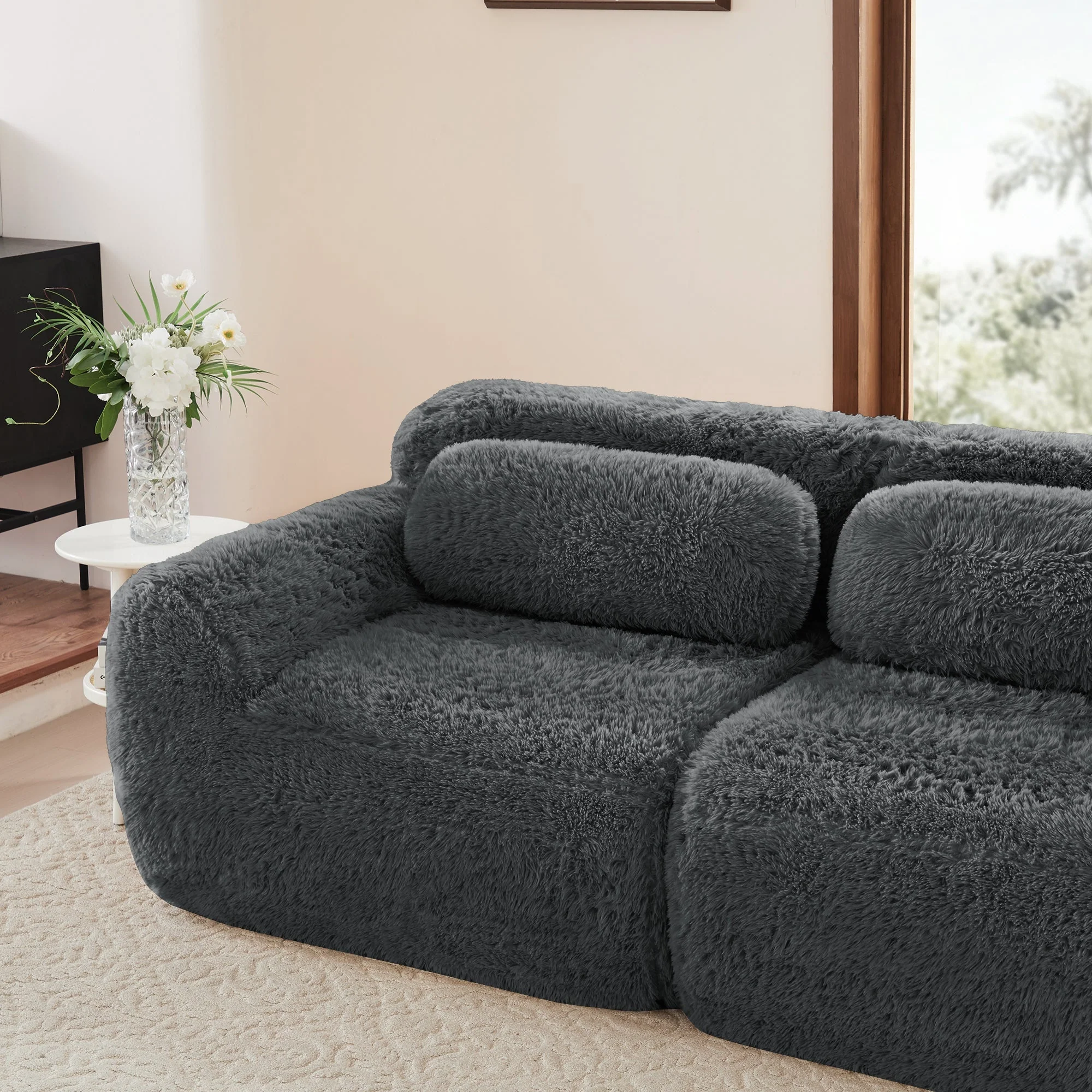 Boneless Cloud Modular Sleeper Sofa 2 Ottomans Plush Fabric - Grey - Image 10