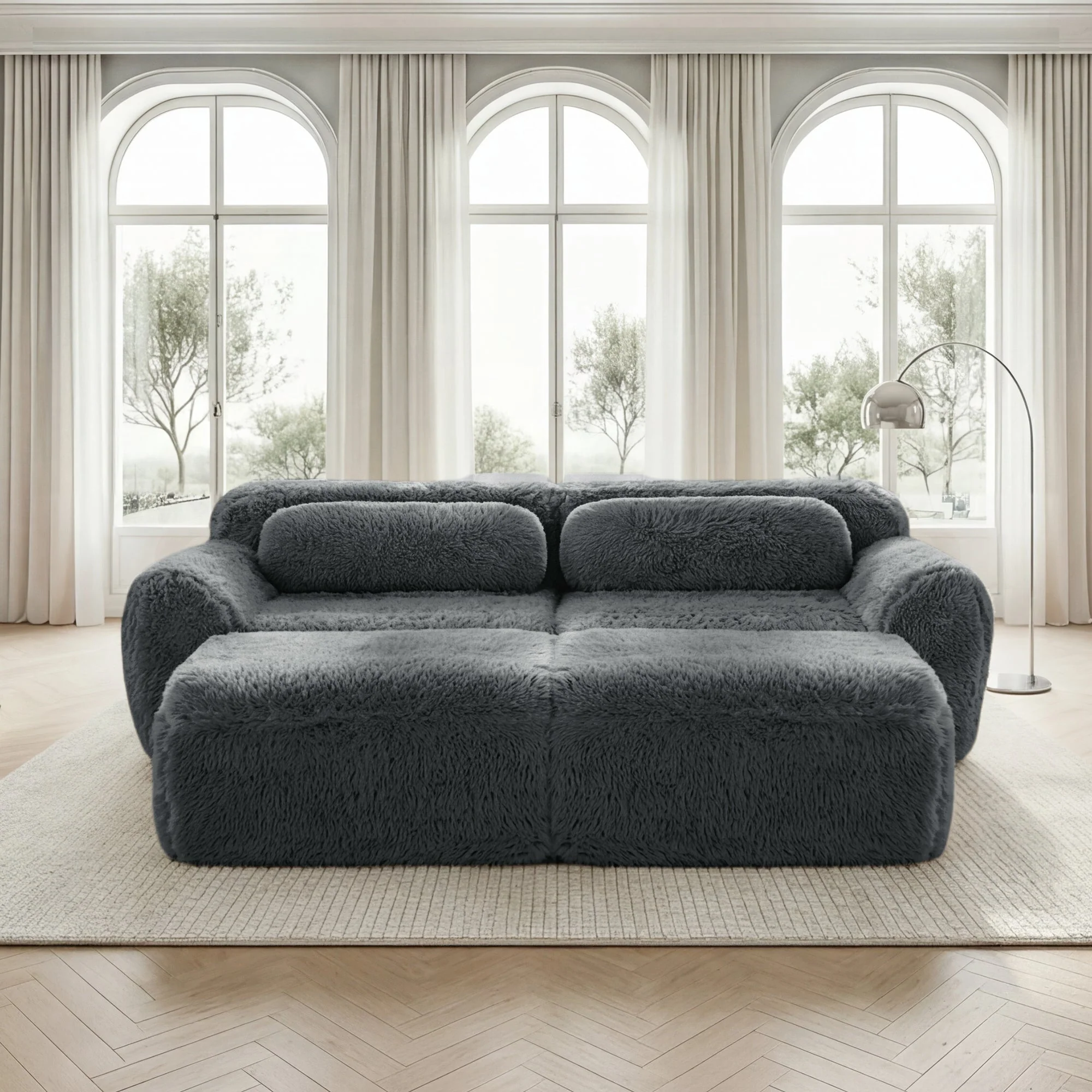 Boneless Cloud Modular Sleeper Sofa 2 Ottomans Plush Fabric - Grey - Image 2