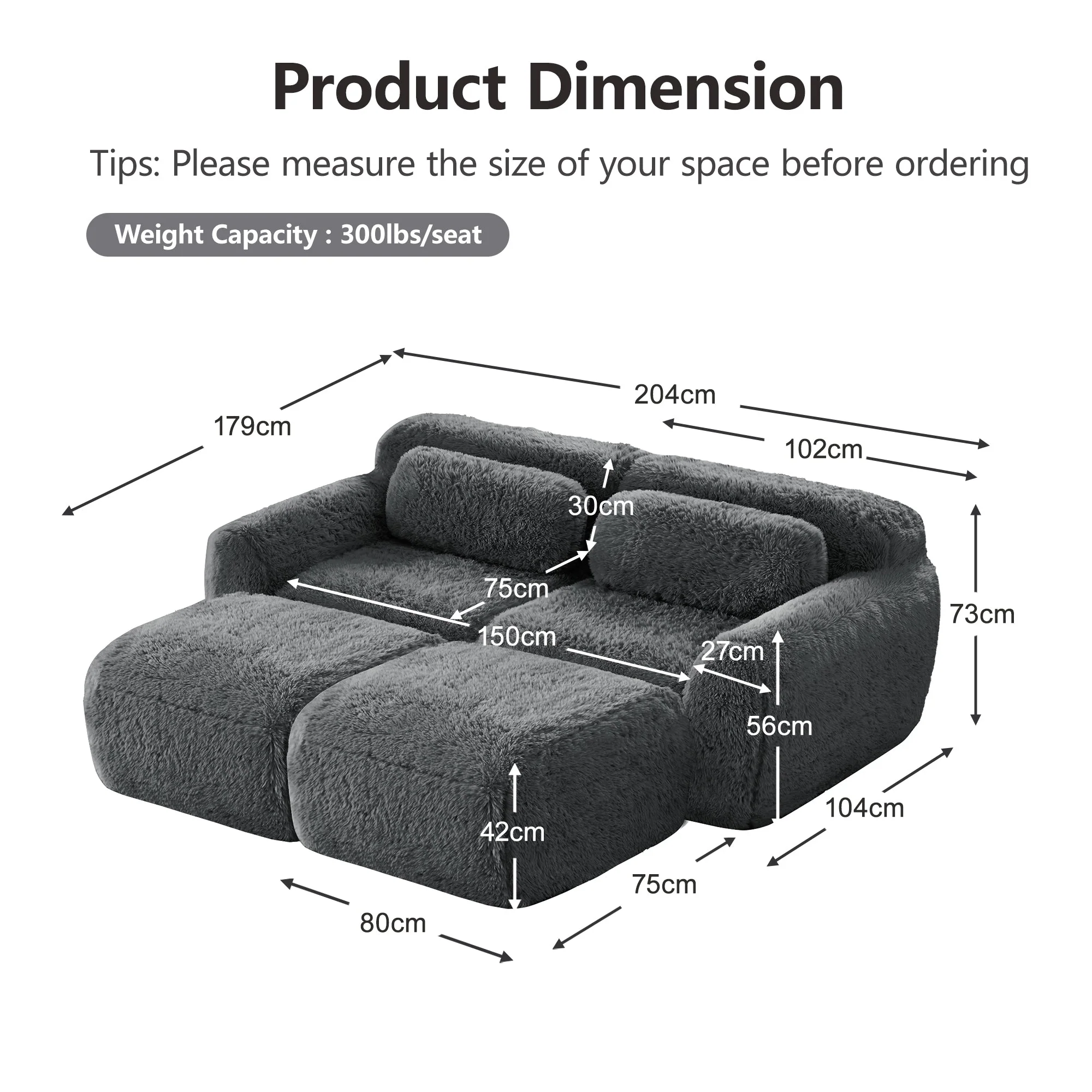 Boneless Cloud Modular Sleeper Sofa 2 Ottomans Plush Fabric - Grey - Image 7
