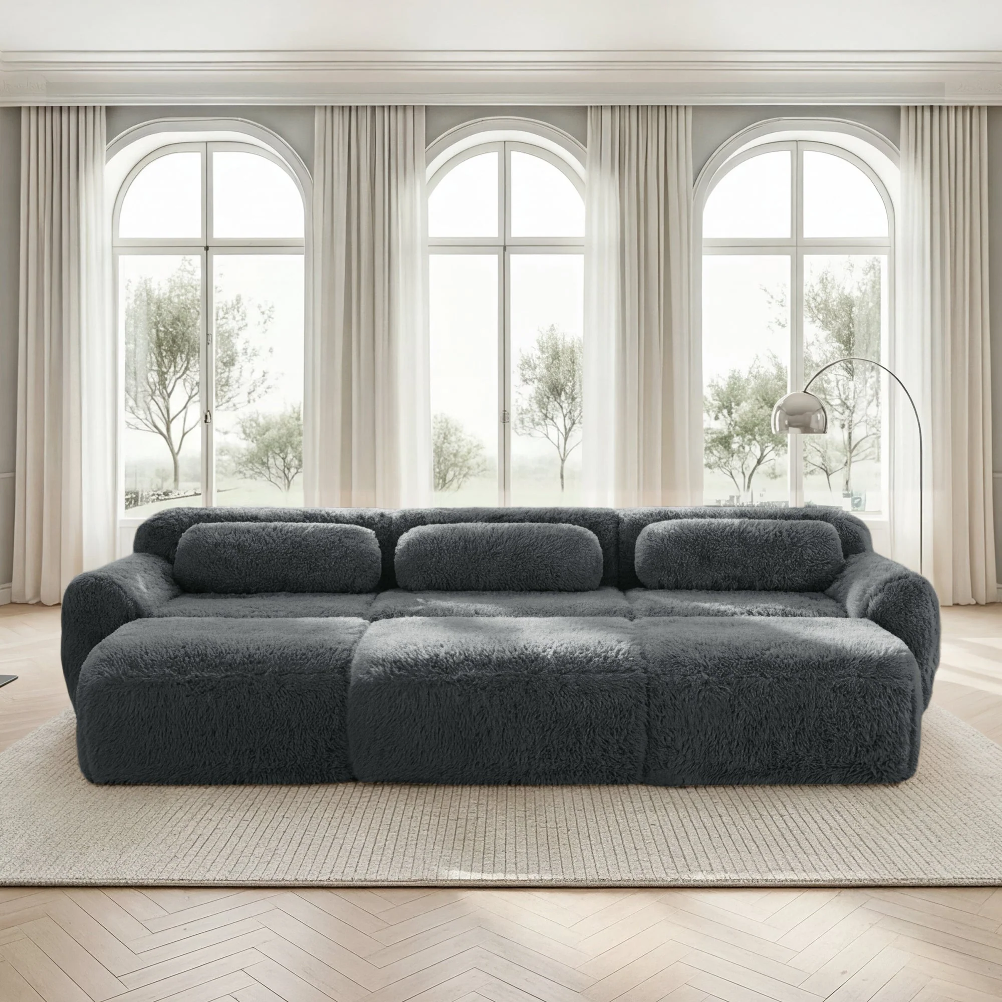 Boneless Cloud Modular Sleeper Sofa 3 Ottomans - Grey Plush Fabric - Image 2