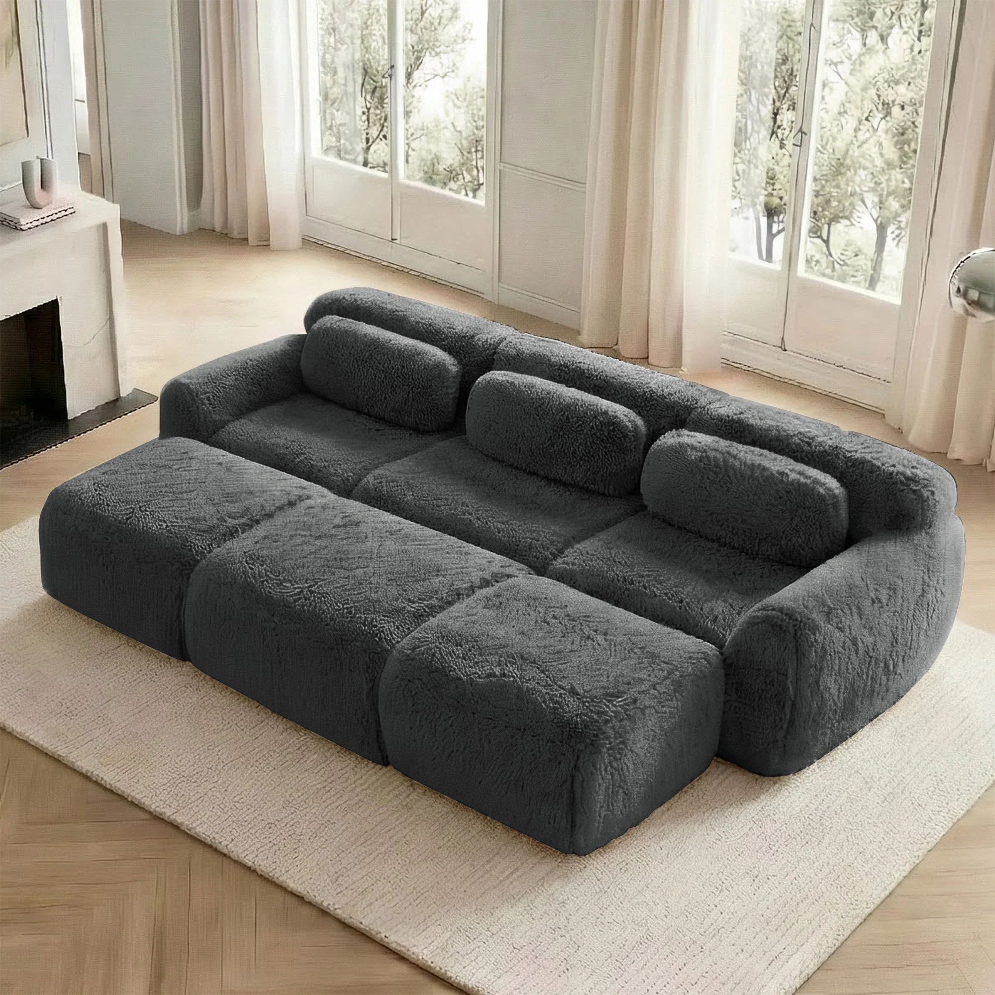 Boneless Cloud Modular Sleeper Sofa 3 Ottomans - Grey Plush Fabric - Image 3