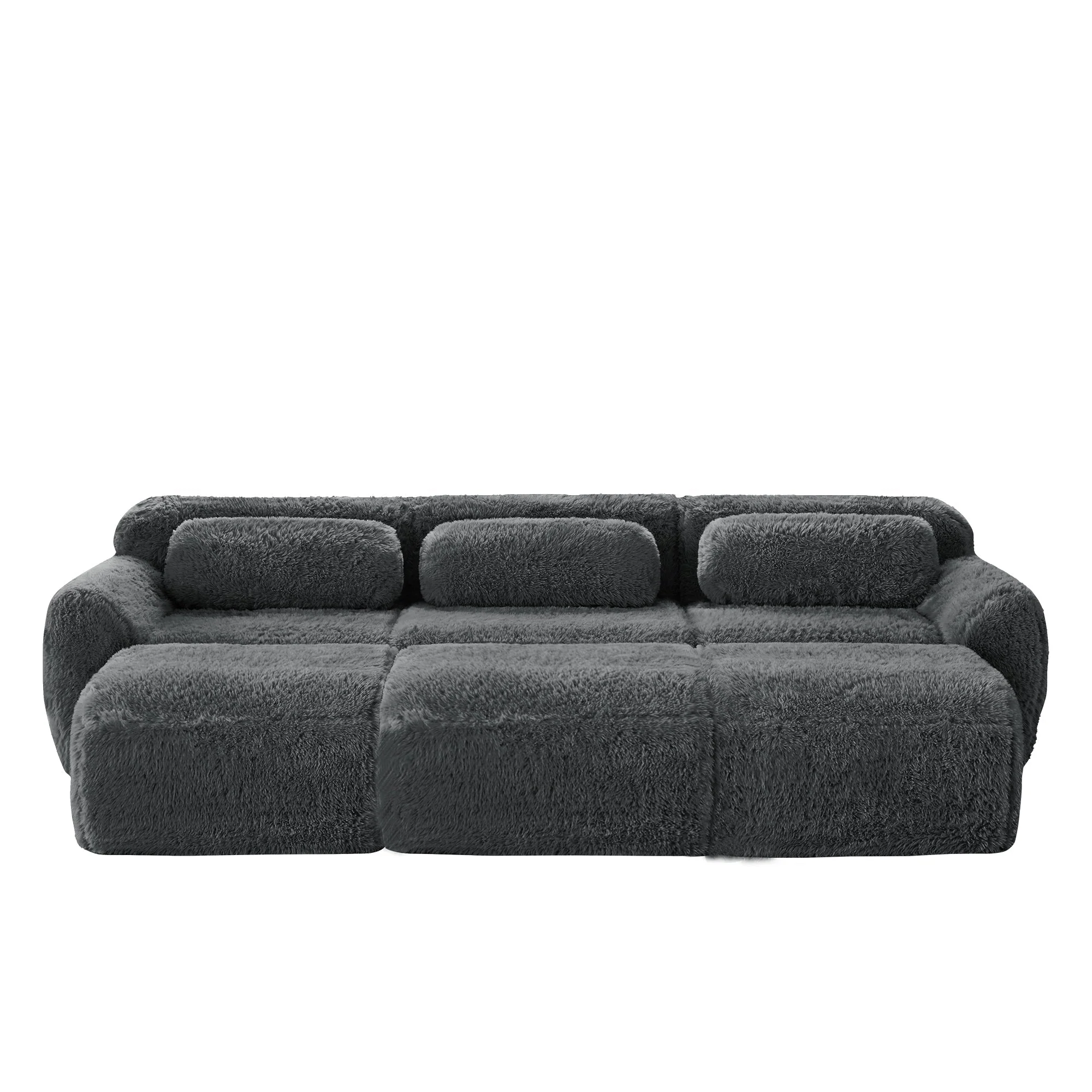 Boneless Cloud Modular Sleeper Sofa 3 Ottomans - Grey Plush Fabric - Image 4