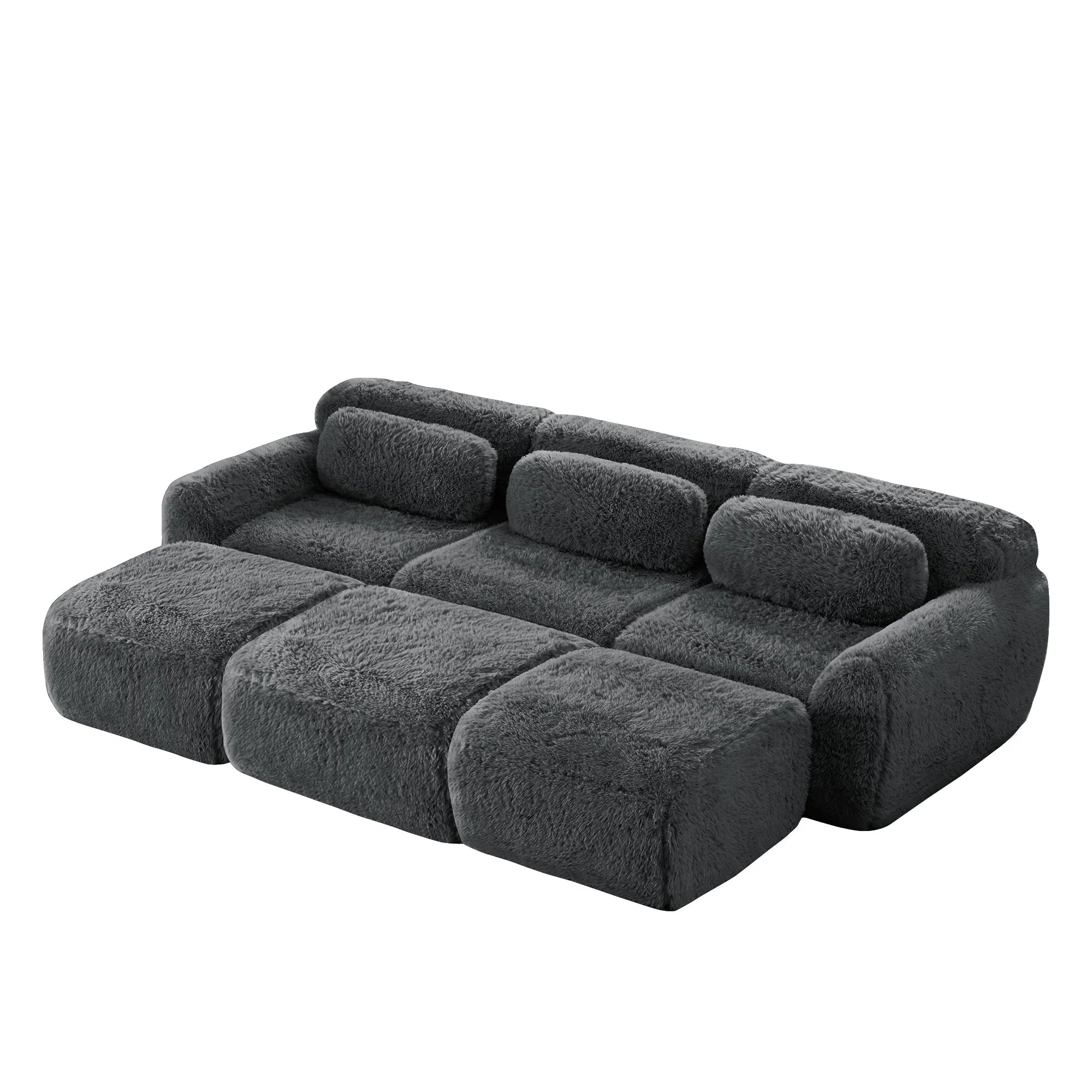 Boneless Cloud Modular Sleeper Sofa 3 Ottomans - Grey Plush Fabric - Image 6