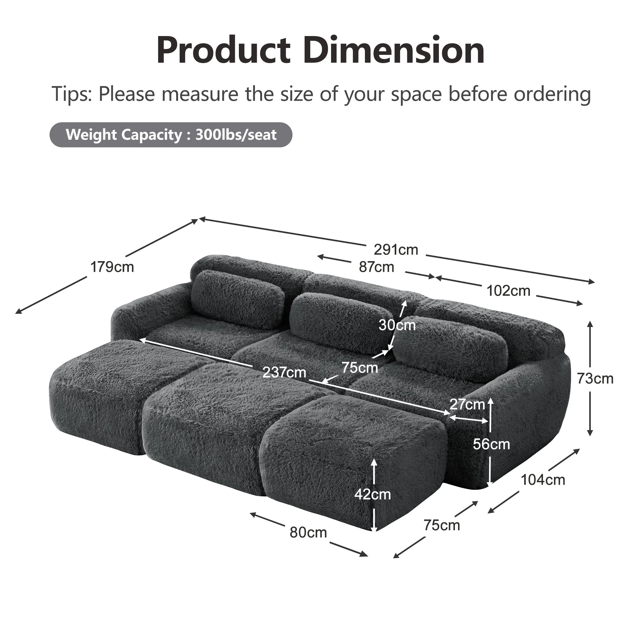 Boneless Cloud Modular Sleeper Sofa 3 Ottomans - Grey Plush Fabric - Image 7