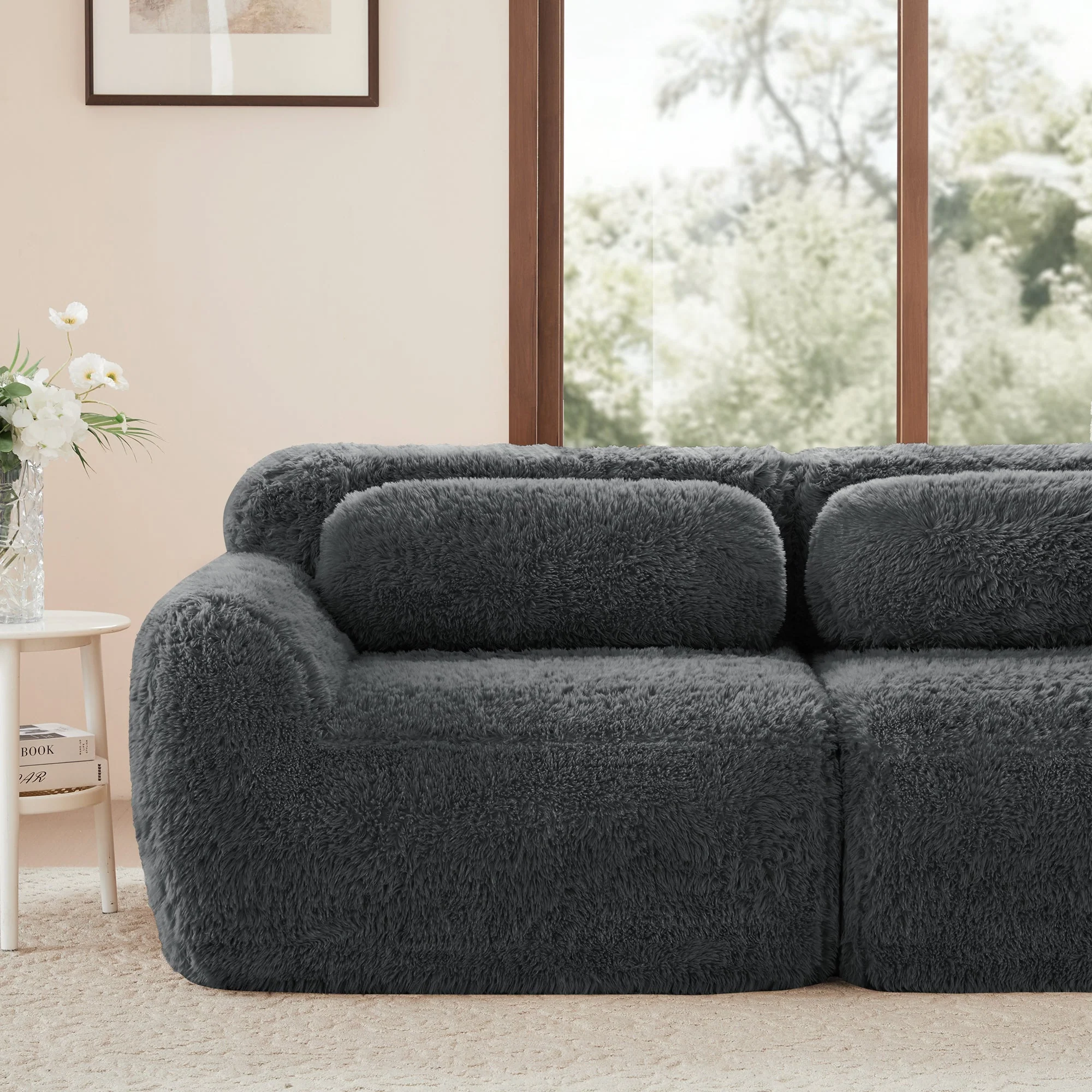 Boneless Cloud Modular Sleeper Sofa 3 Ottomans - Grey Plush Fabric - Image 9