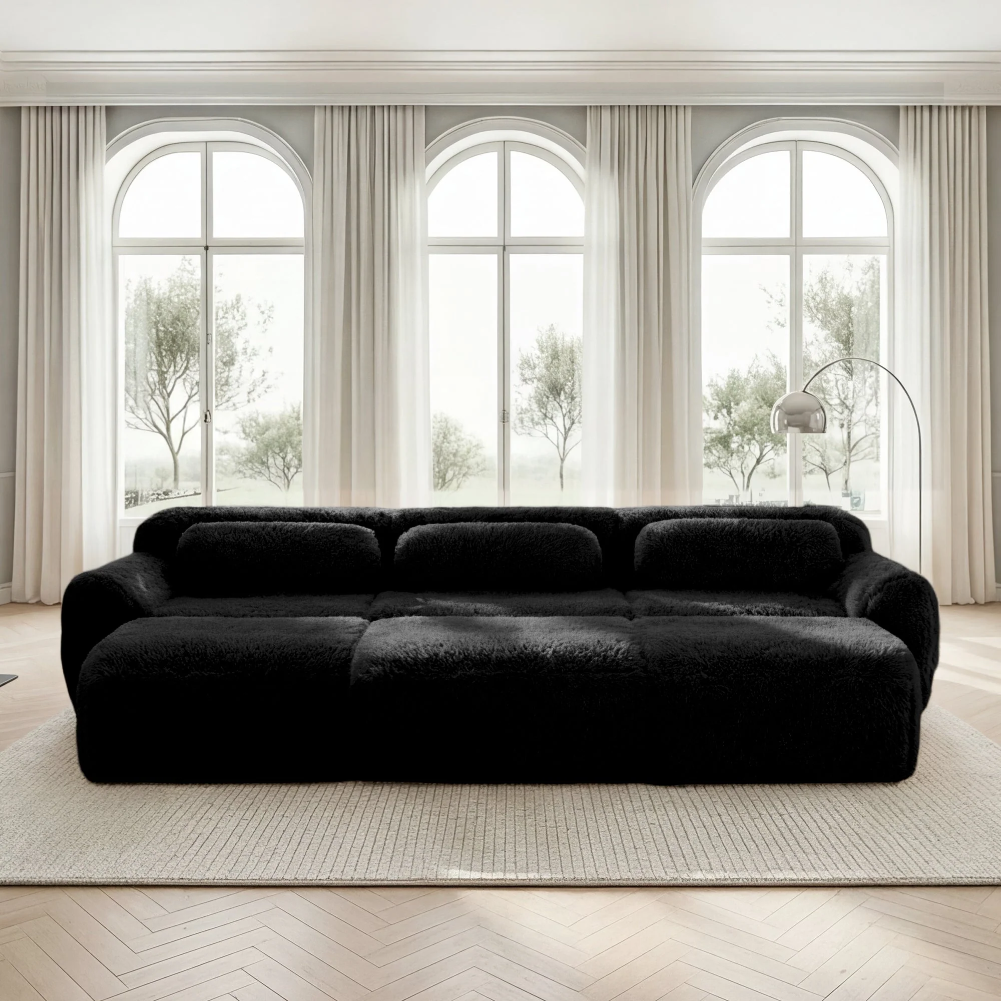 Boneless Cloud Sofas Modular 3-Seater Sleeper Sofa with 3 Ottomans Black Soft Plush Fabric - Image 2