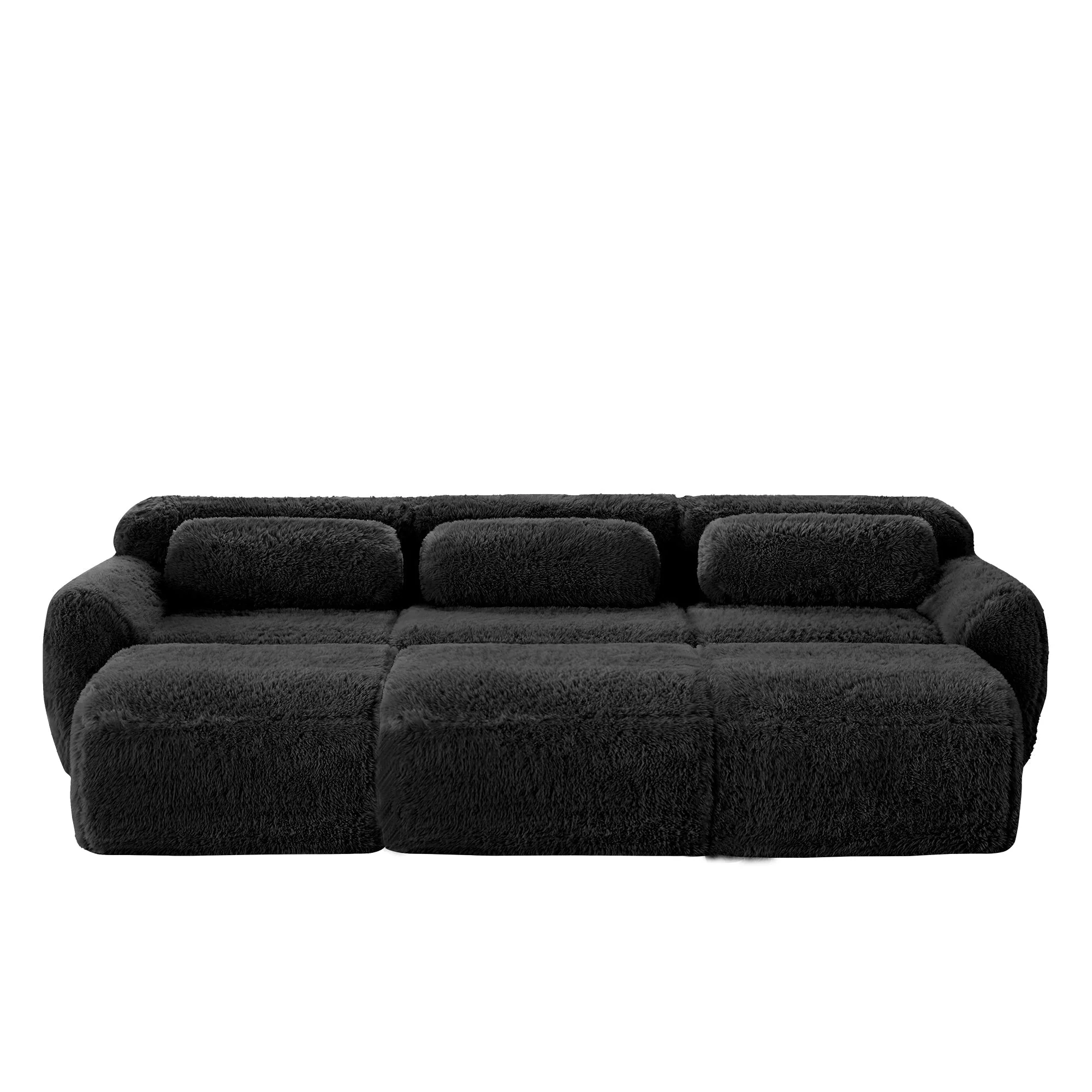 Boneless Cloud Sofas Modular 3-Seater Sleeper Sofa with 3 Ottomans Black Soft Plush Fabric - Image 5