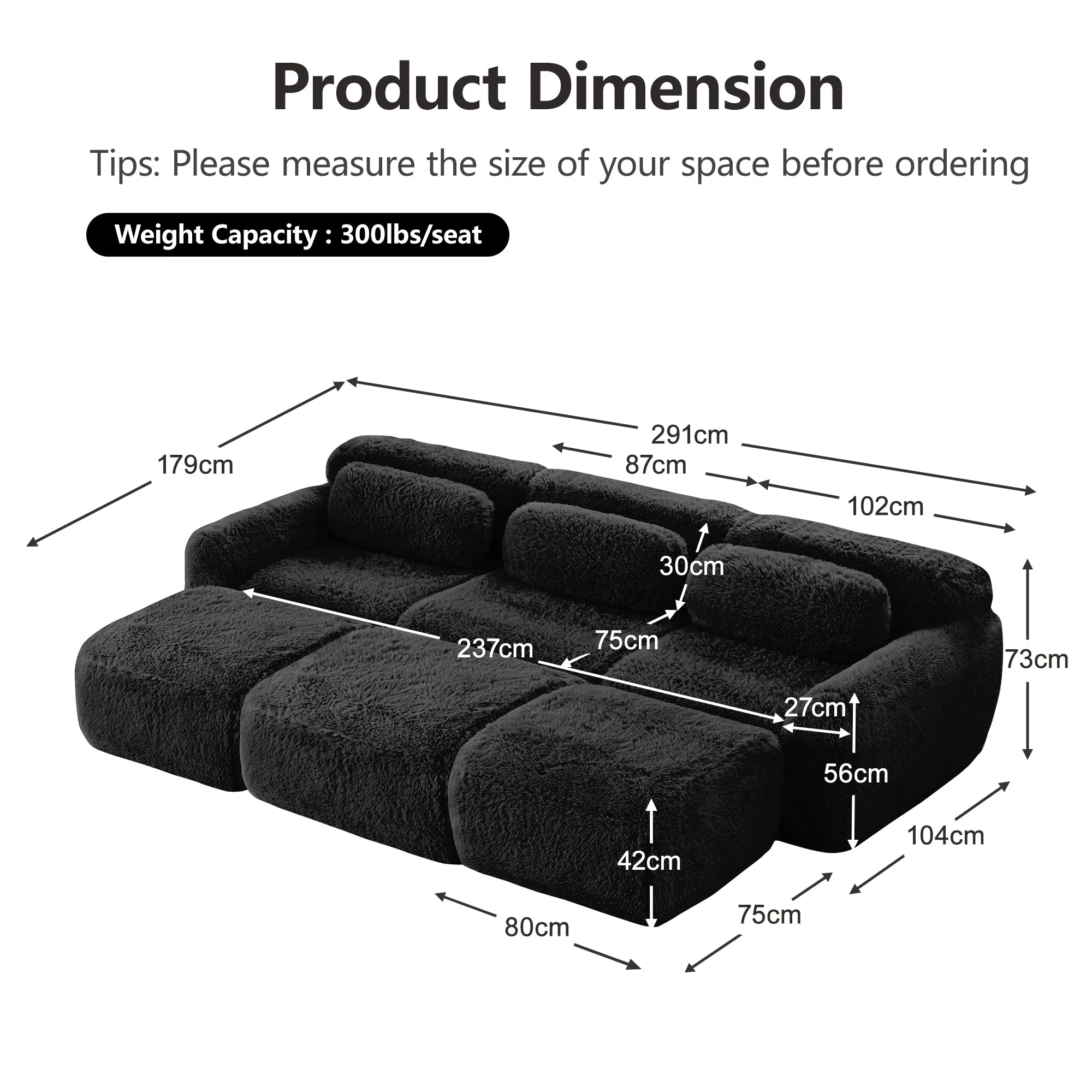 Boneless Cloud Sofas Modular 3-Seater Sleeper Sofa with 3 Ottomans Black Soft Plush Fabric - Image 7
