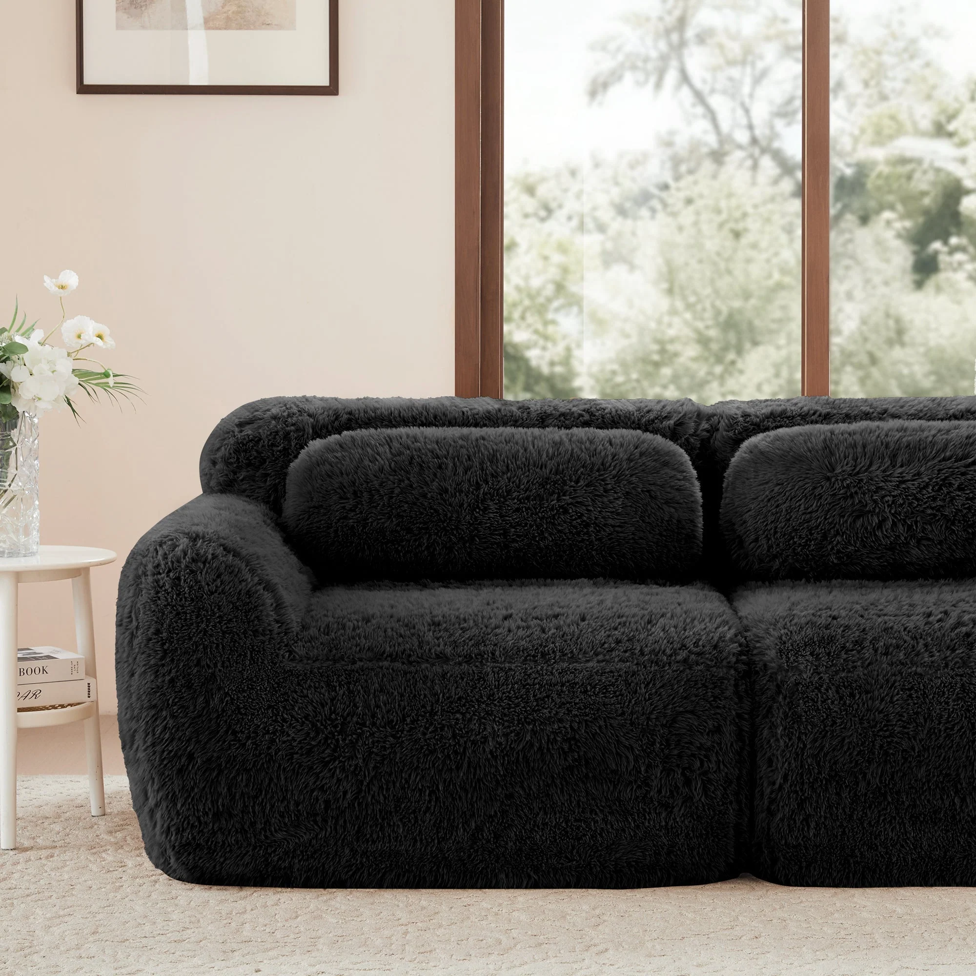 Boneless Cloud Sofas Modular 3-Seater Sleeper Sofa with 3 Ottomans Black Soft Plush Fabric - Image 9