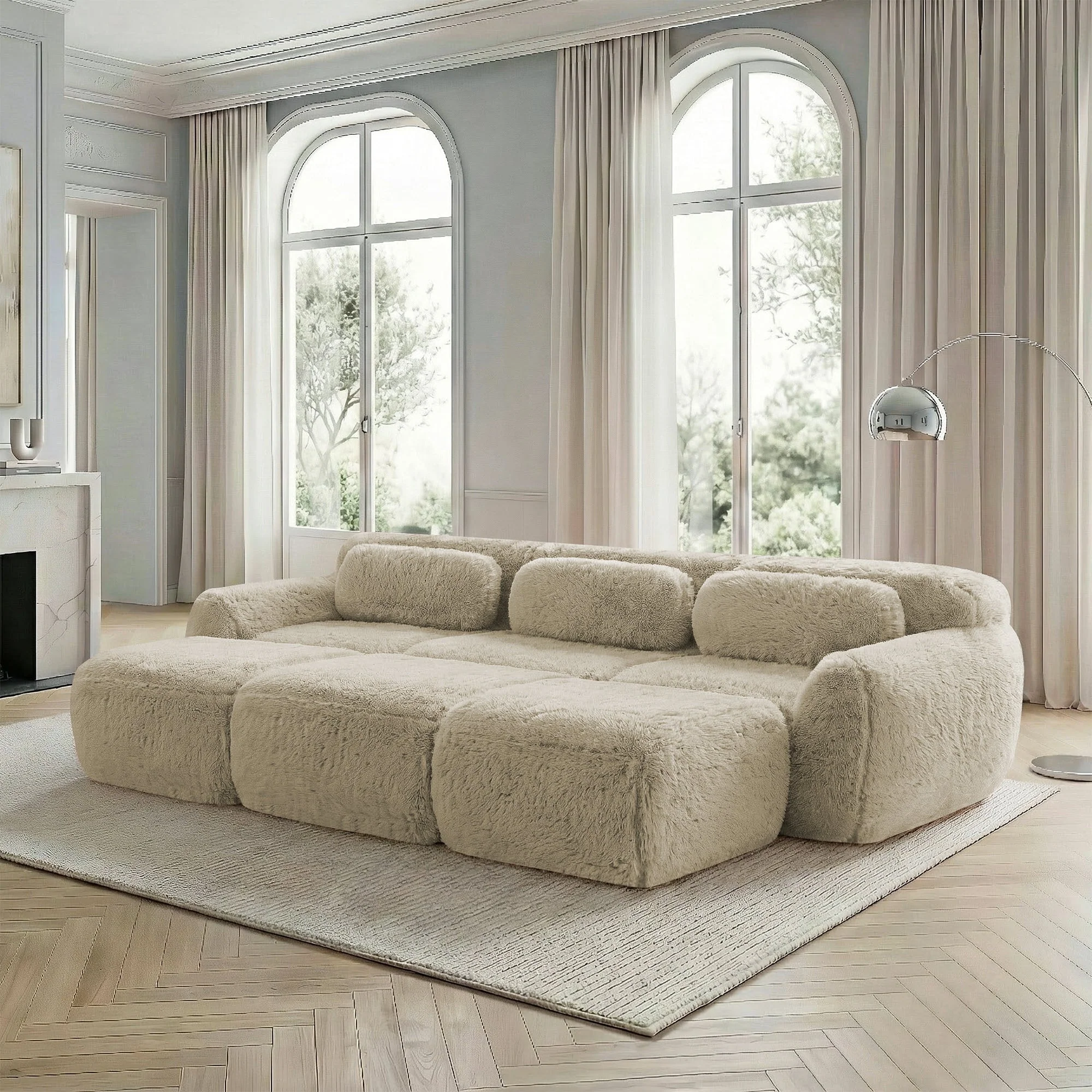 Boneless Cloud Sofas Modular Sleeper Sofa 3 Ottomans Plush Fabric - Light Khaki