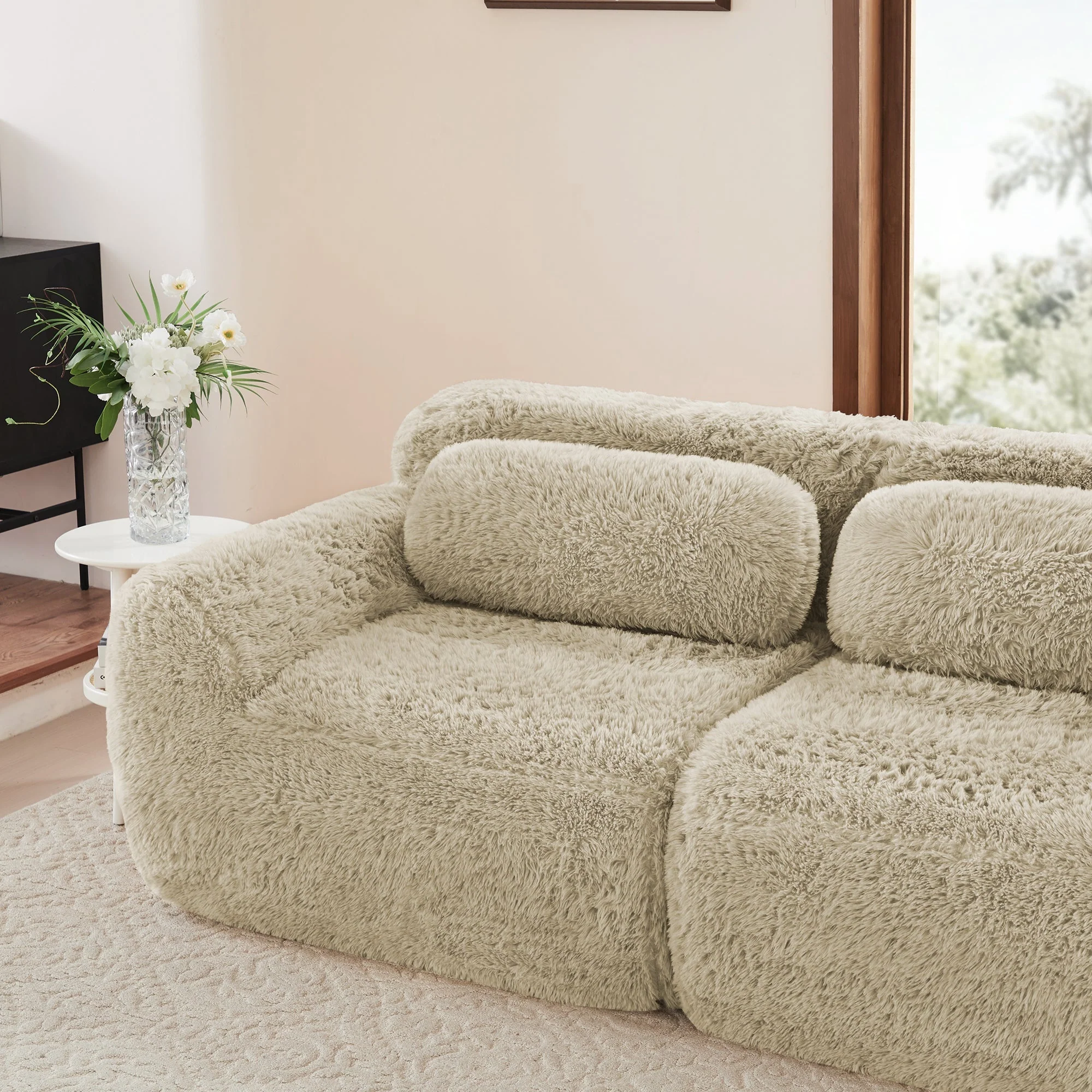 Boneless Cloud Sofas Modular Sleeper Sofa 3 Ottomans Plush Fabric - Light Khaki - Image 10