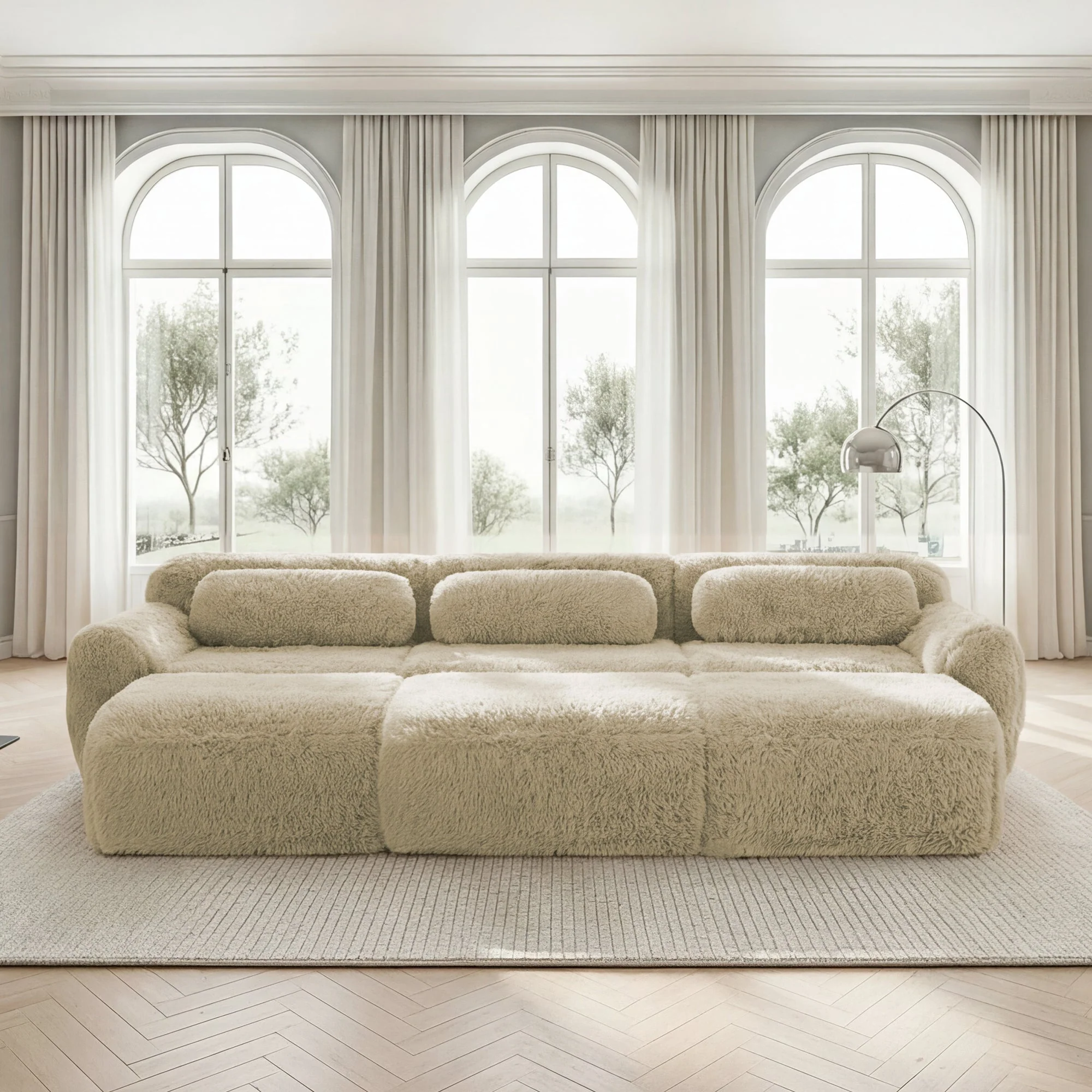 Boneless Cloud Sofas Modular Sleeper Sofa 3 Ottomans Plush Fabric - Light Khaki - Image 2