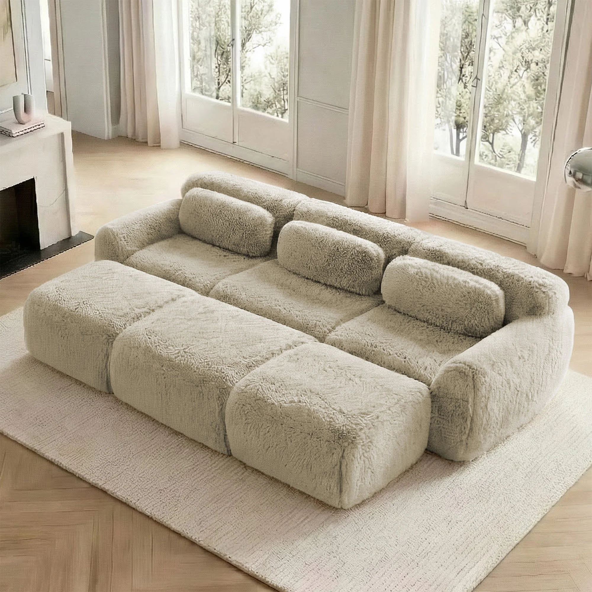 Boneless Cloud Sofas Modular Sleeper Sofa 3 Ottomans Plush Fabric - Light Khaki - Image 3