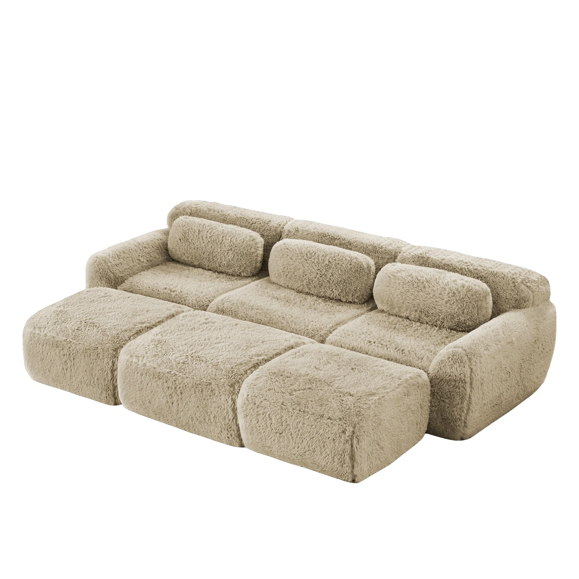 Boneless Cloud Sofas Modular Sleeper Sofa 3 Ottomans Plush Fabric - Light Khaki - Image 5