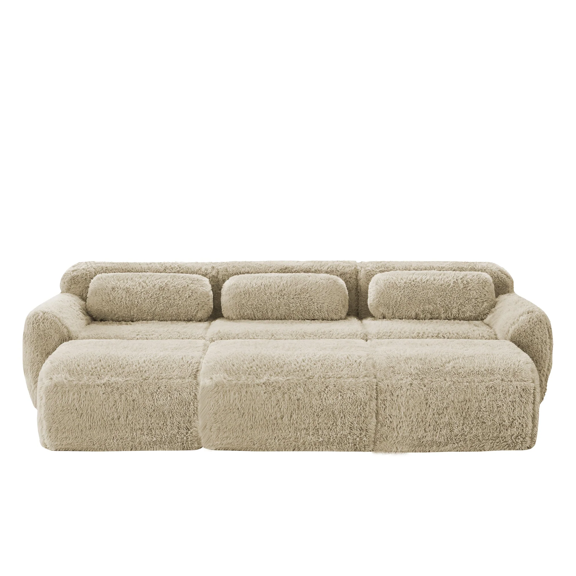 Boneless Cloud Sofas Modular Sleeper Sofa 3 Ottomans Plush Fabric - Light Khaki - Image 6