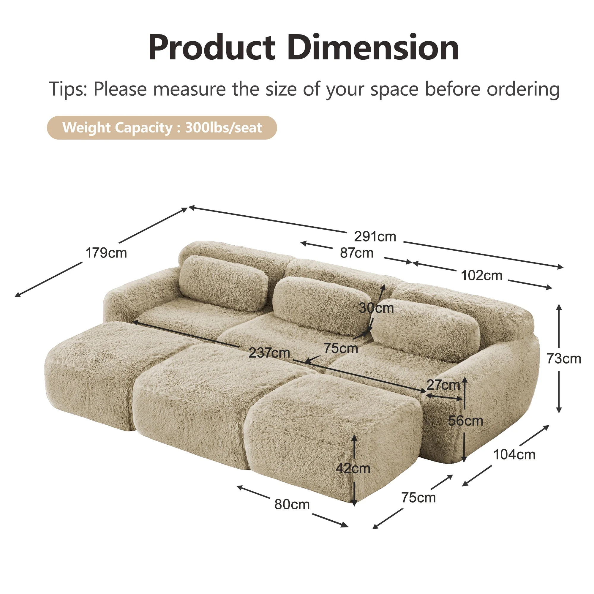 Boneless Cloud Sofas Modular Sleeper Sofa 3 Ottomans Plush Fabric - Light Khaki - Image 7