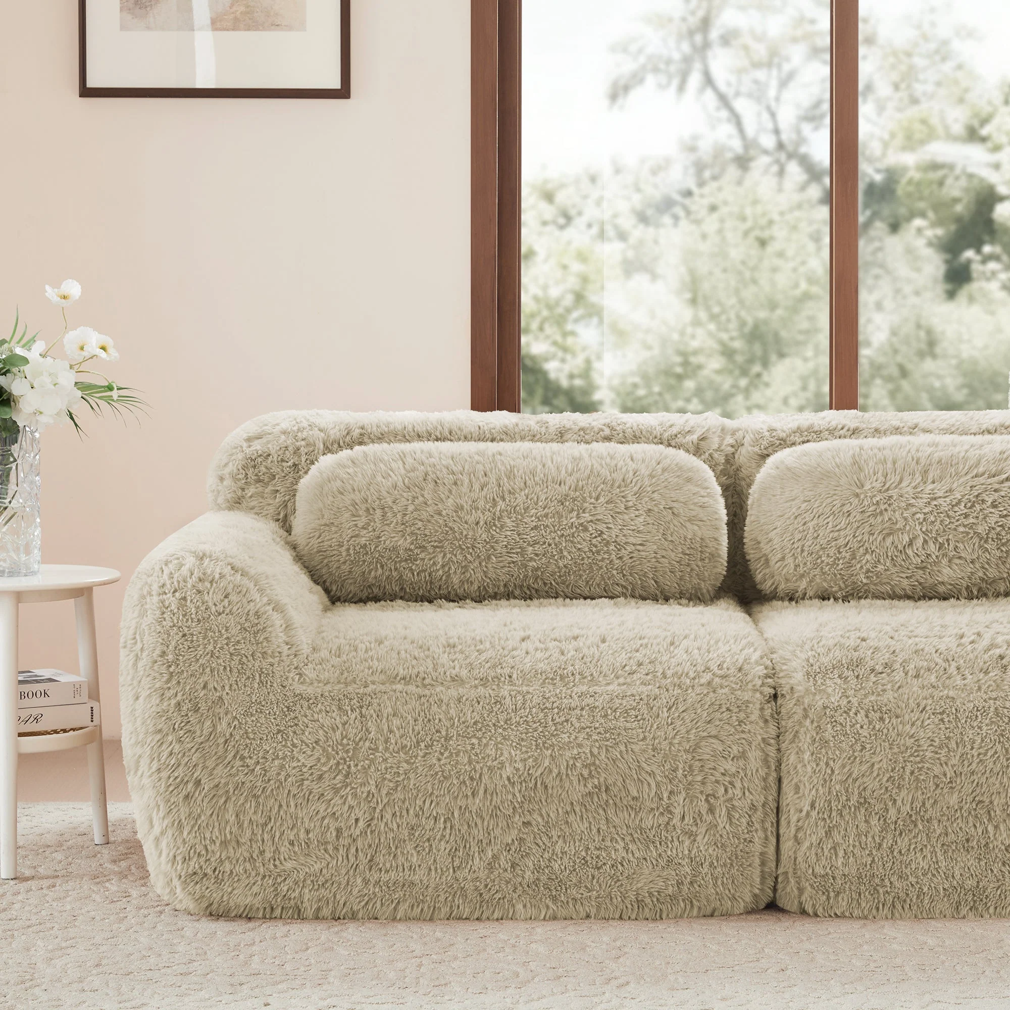Boneless Cloud Sofas Modular Sleeper Sofa 3 Ottomans Plush Fabric - Light Khaki - Image 9