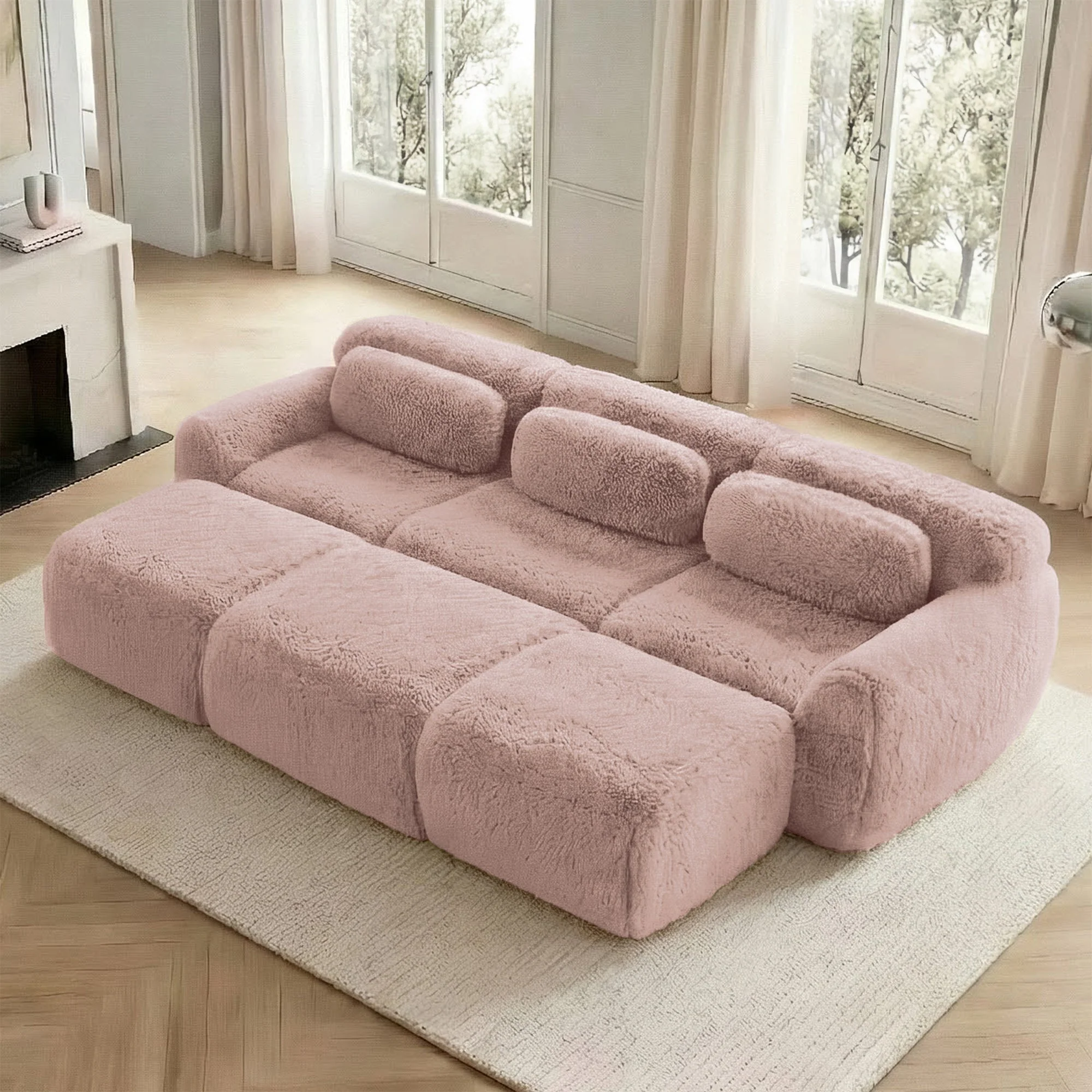 Boneless Cloud Sofas Modular Sleeper Sofa 3-Seater 3 Ottomans - Pink Plush - Image 2
