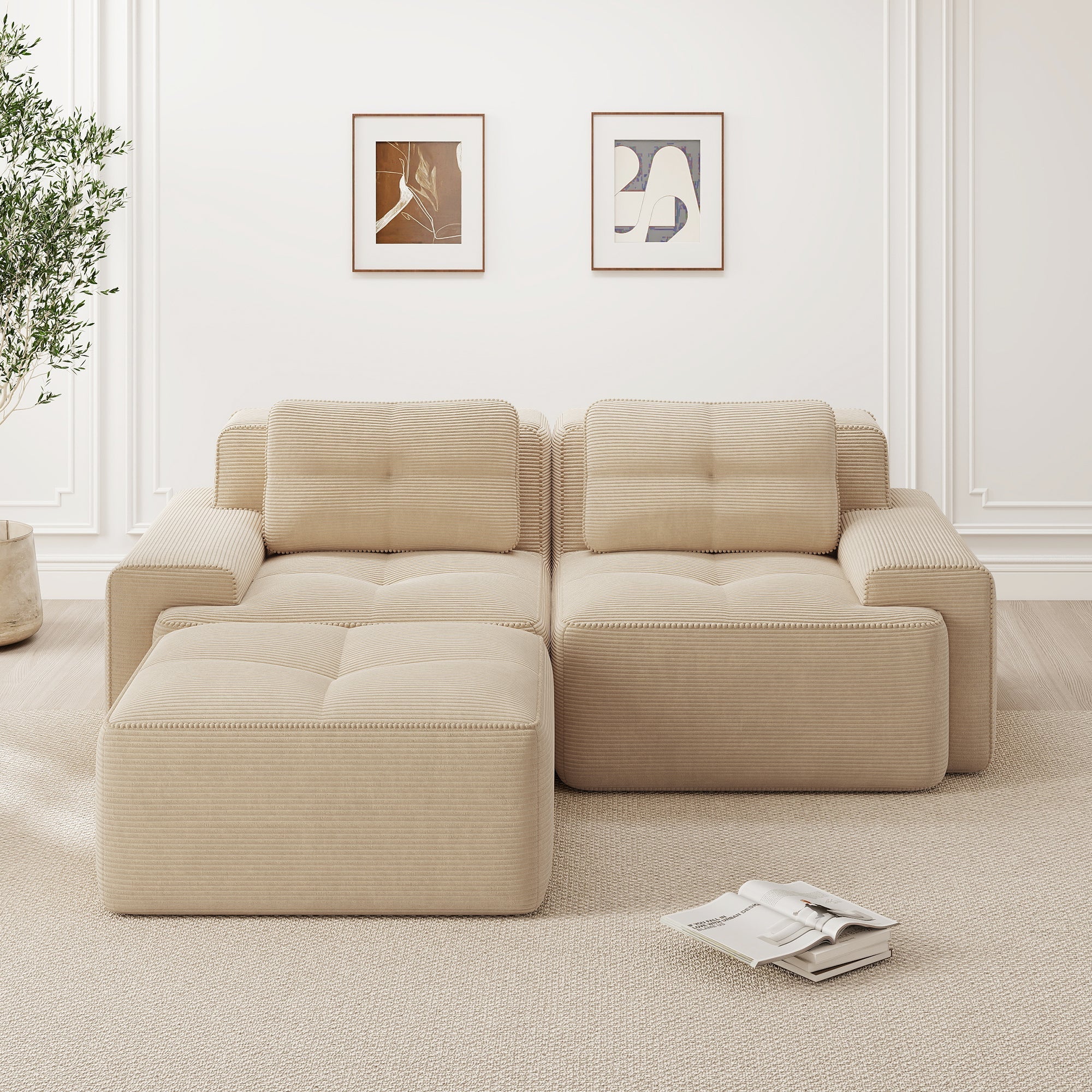 Boneless Modular Sofa L-Shape Deep Seat Sleeper with Ottoman Corduroy Beige - Image 2