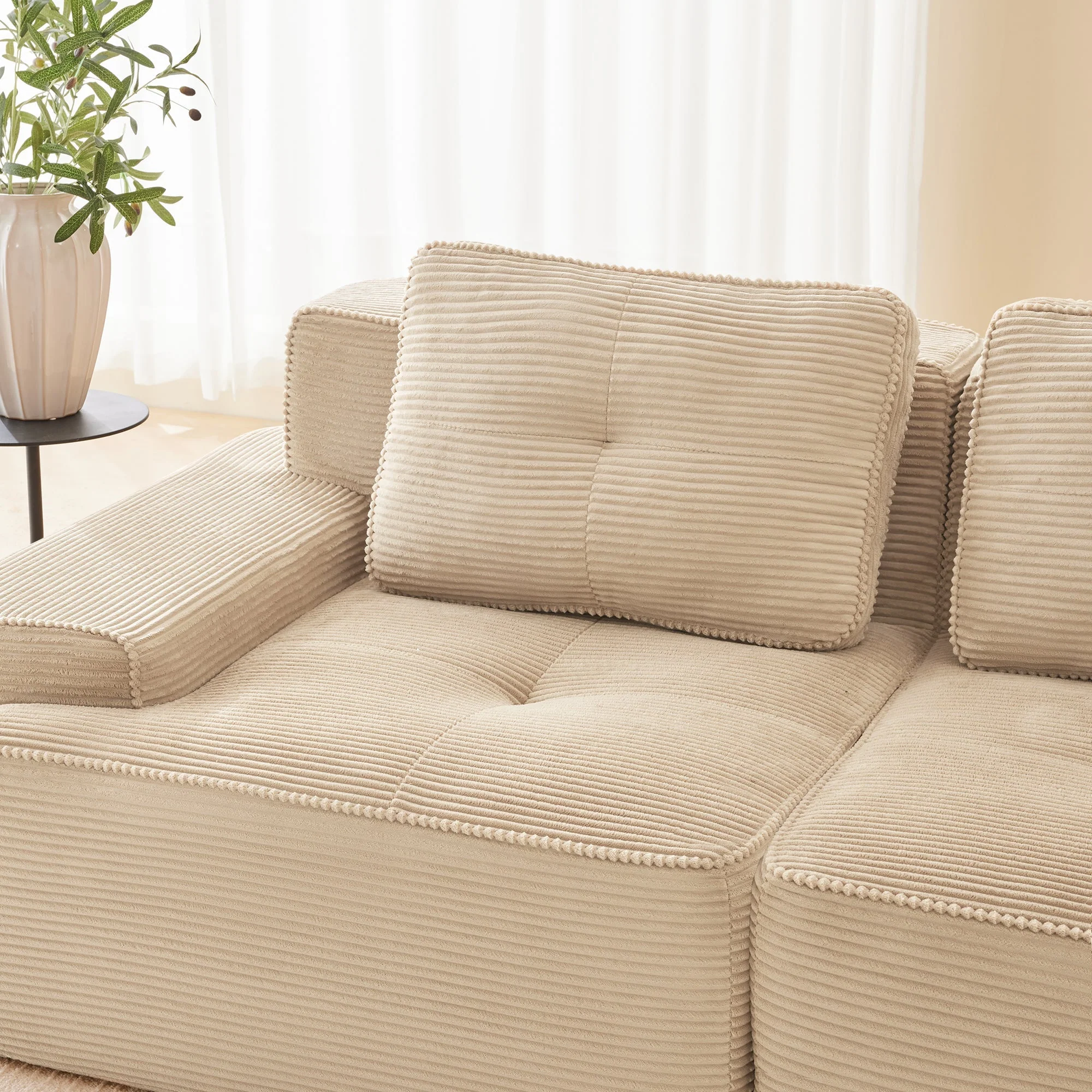 Boneless Modular Sofa L-Shaped Chaise 4-Seater Deep-Seat - Corduroy Beige - Image 10