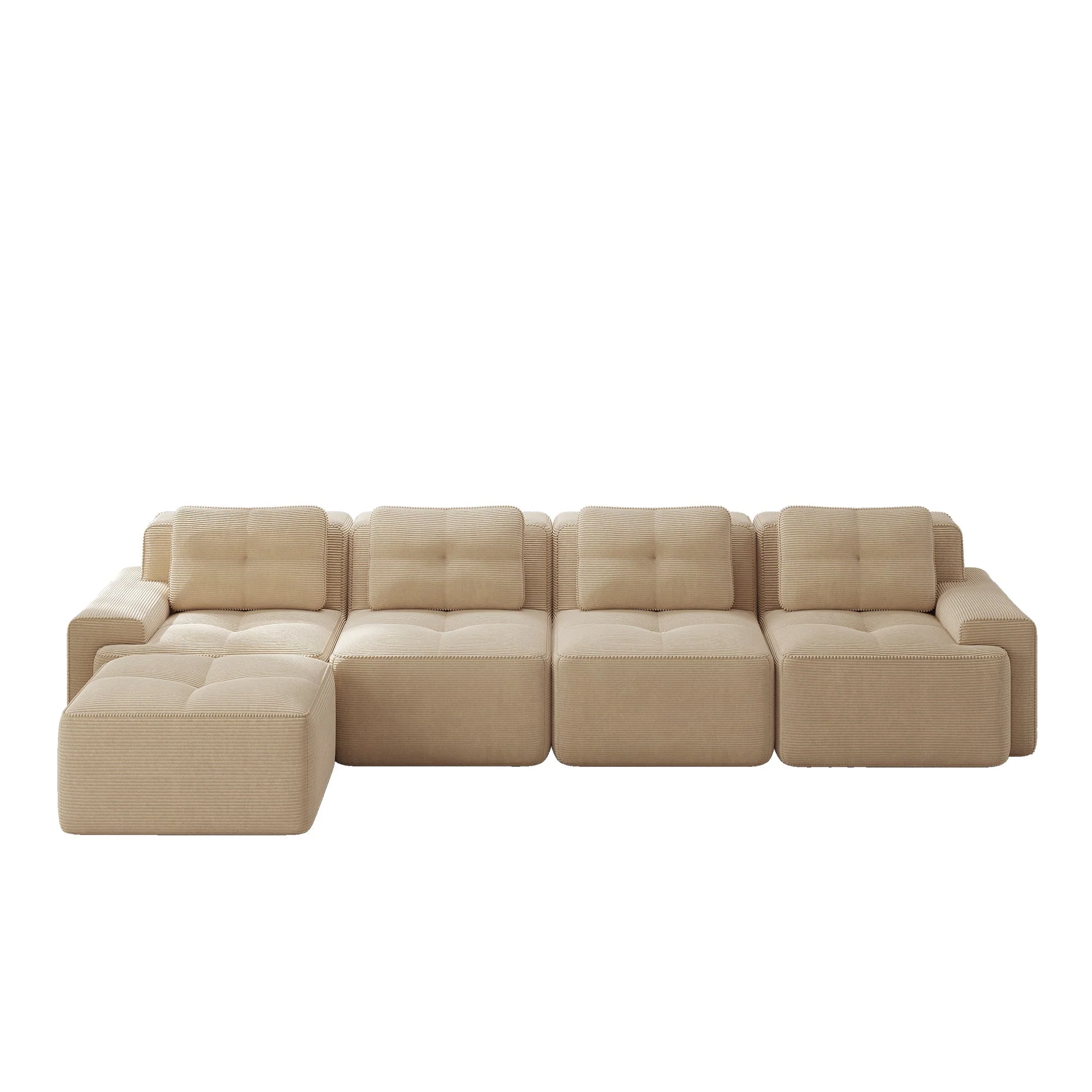 Boneless Modular Sofa L-Shaped Chaise 4-Seater Deep-Seat - Corduroy Beige - Image 6