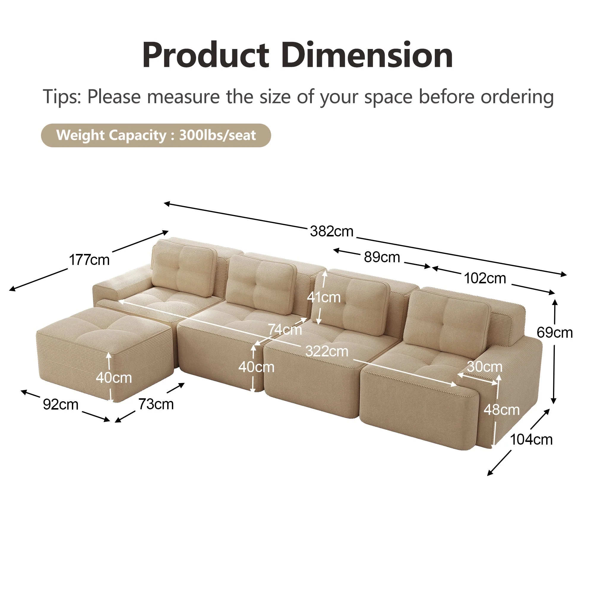Boneless Modular Sofa L-Shaped Chaise 4-Seater Deep-Seat - Corduroy Beige - Image 7
