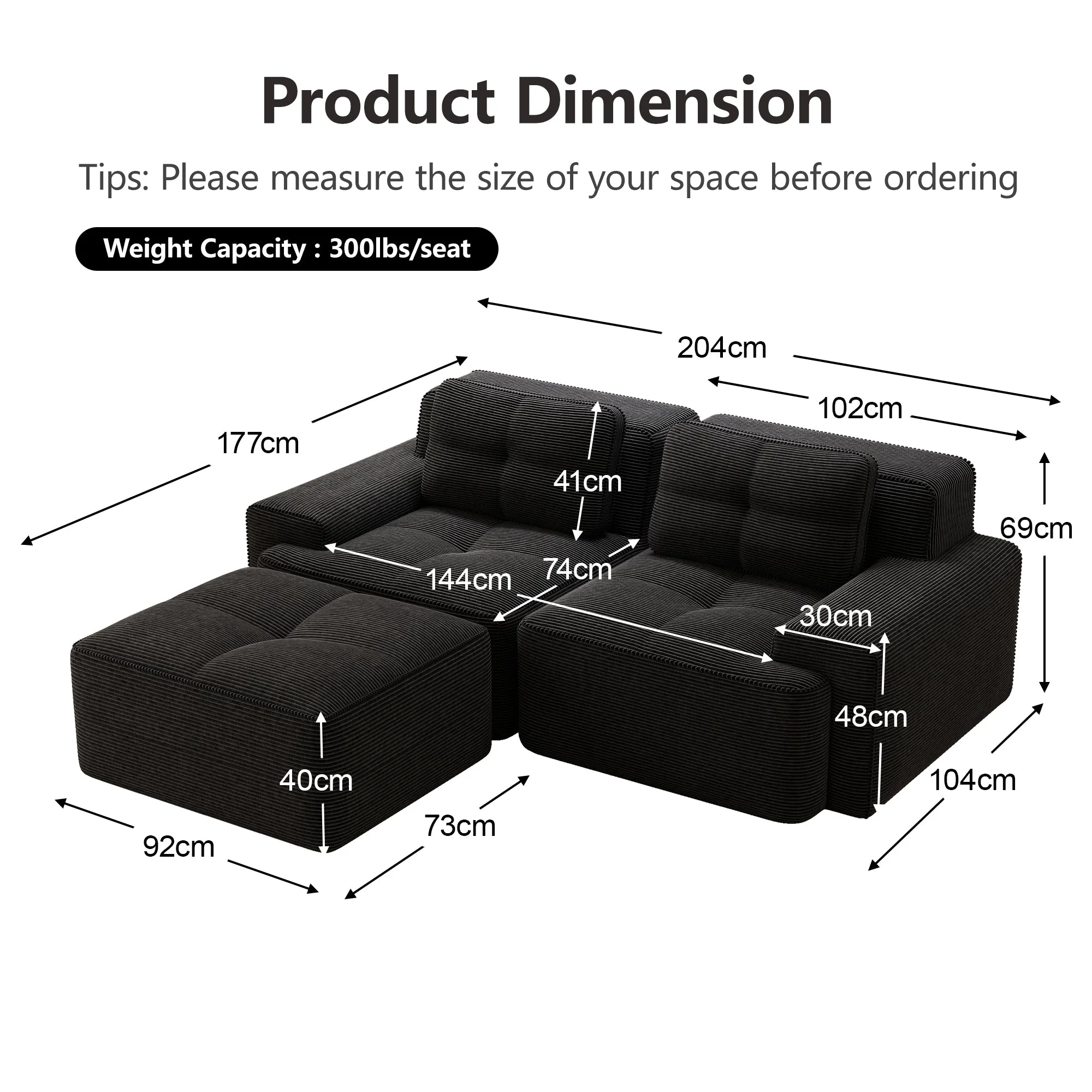 Boneless Modular Sofa L-Shaped Sleeper with Ottoman - Corduroy Black - Image 7