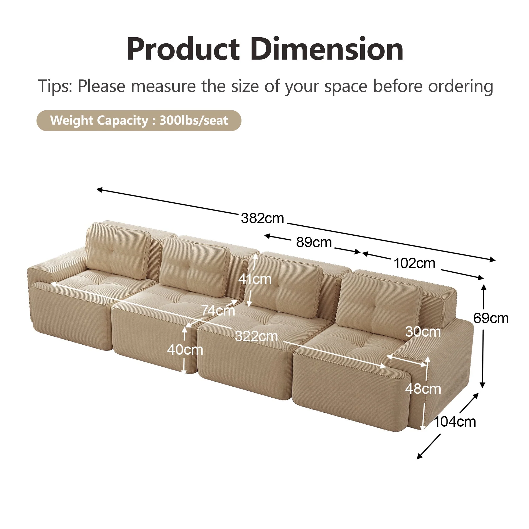 Boneless Sofa Modular 4-Seater Deep Seat Assembly-Free Corduroy Beige - Image 7