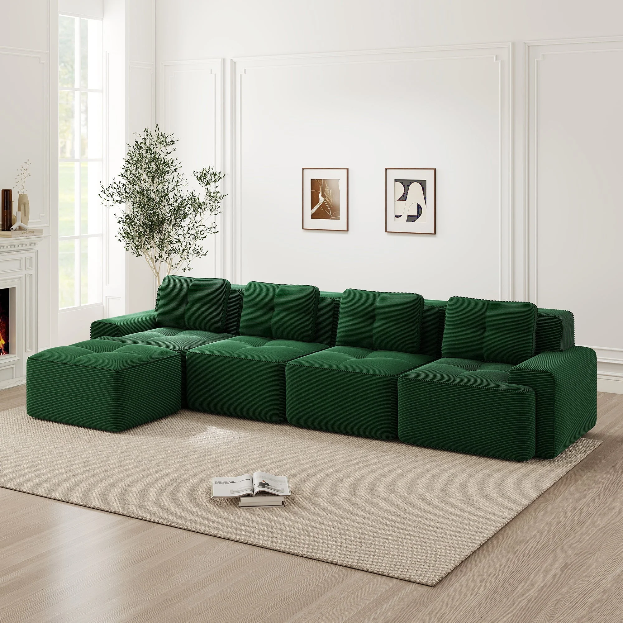 Boneless Sofa Modular L-Shaped Chaise Lounge 4-Seater Deep-Seat - Corduroy Green