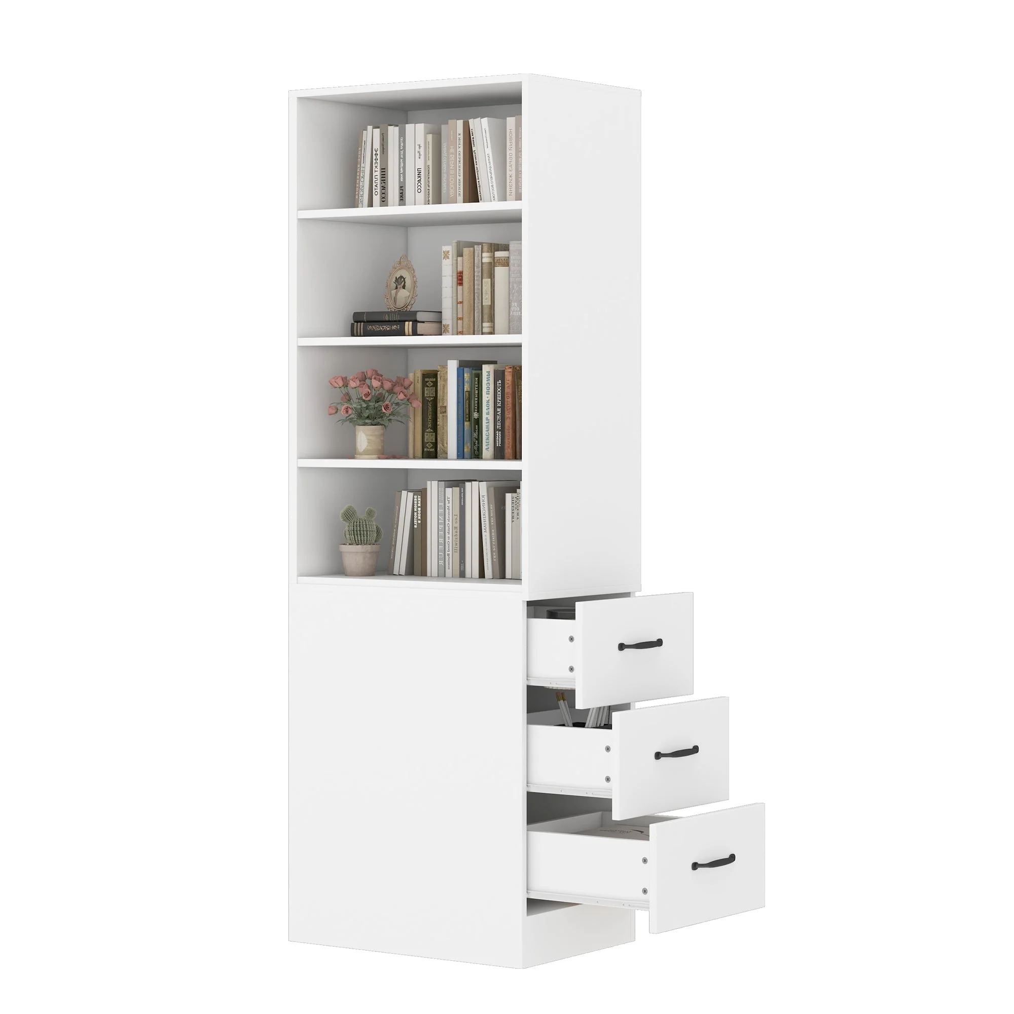 Bookcase, 180cm Extra-Narrow with Side Drawers, Adjustable Shelves, Living Room Tall Cabinet - Image 8