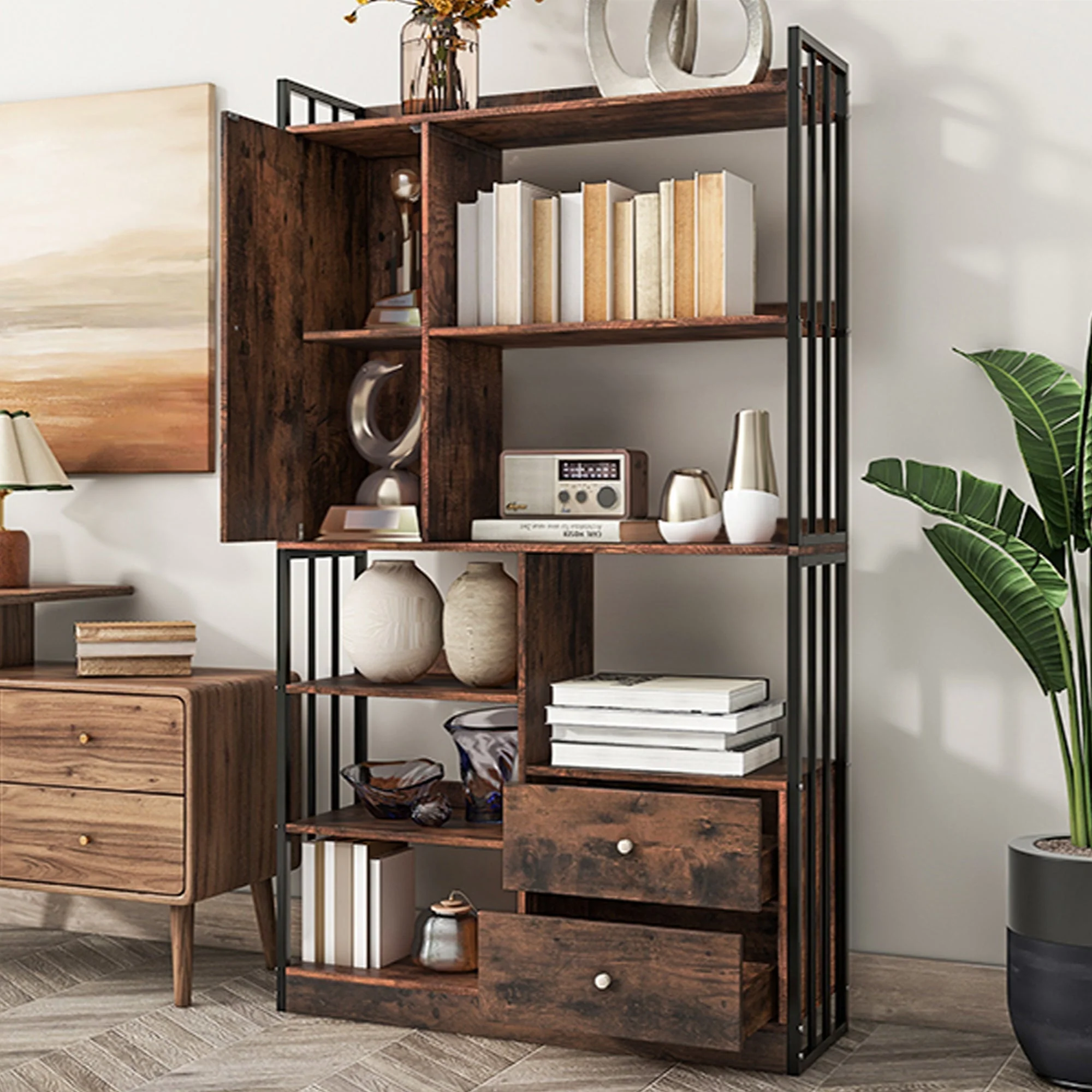 Bookcase, 6-Shelf Industrial Bookcase with Doors & Drawers, Floor to Ceiling, Antique Brown Steel