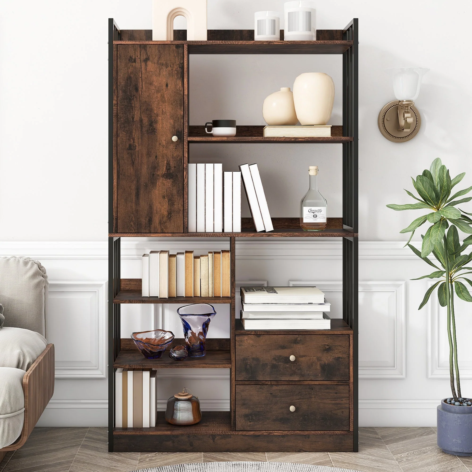 Bookcase, 6-Shelf Industrial Bookcase with Doors & Drawers, Floor to Ceiling, Antique Brown Steel - Image 3
