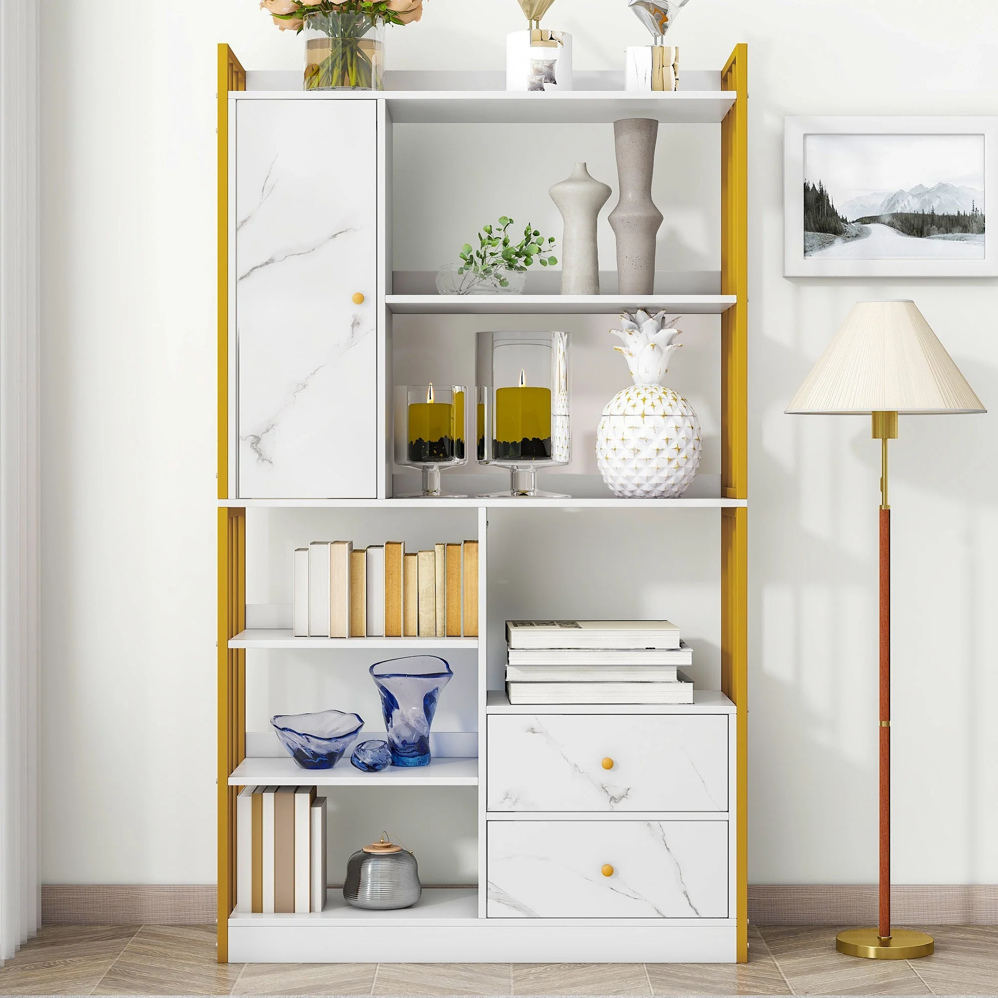 Bookcase, 6-Shelf Vertical with Doors & Drawers, Industrial Steel, White Marbled with Gold Frame - Image 3