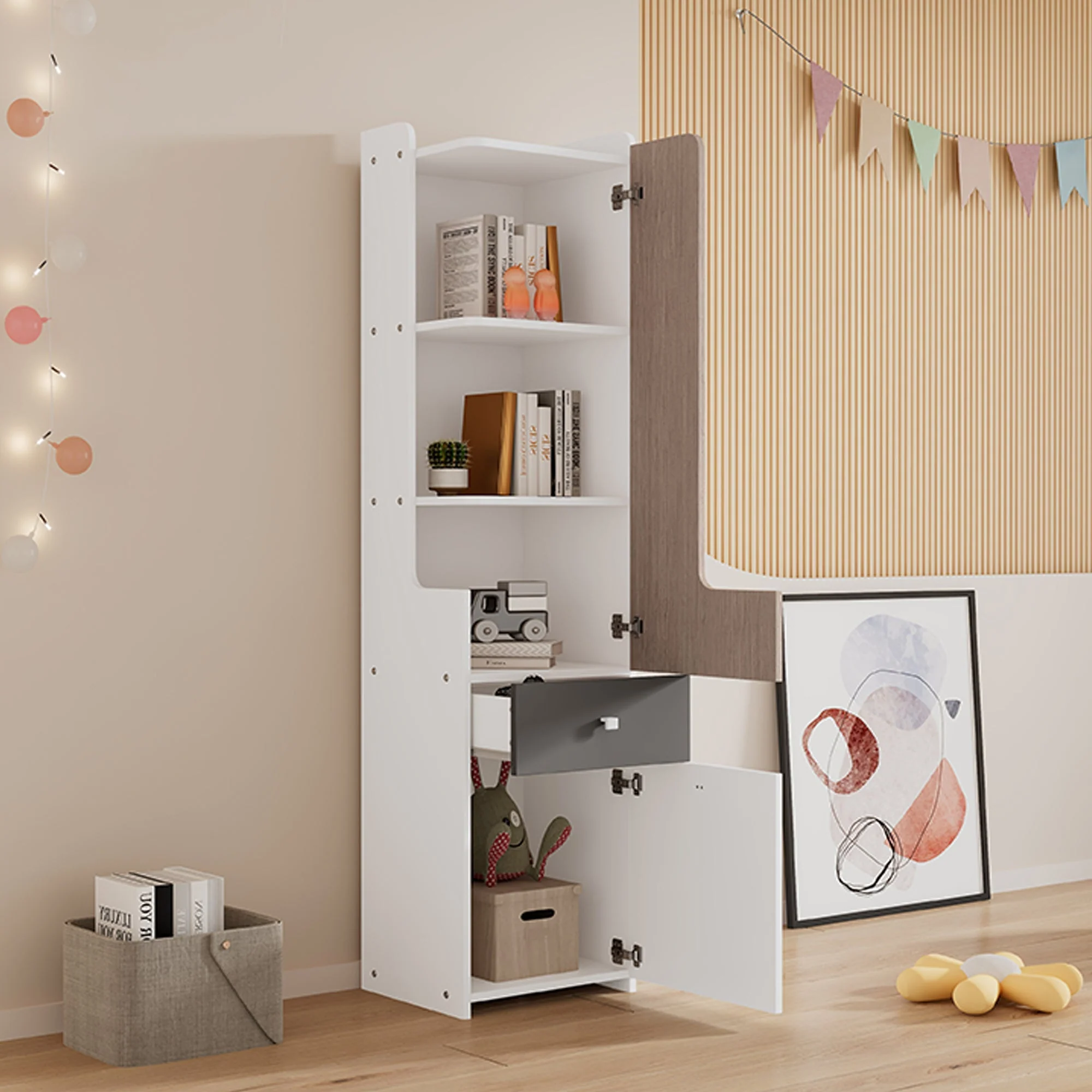 Bookcase, L-Shaped Door, Drawer, Hinged Doors, White MDF - Image 2