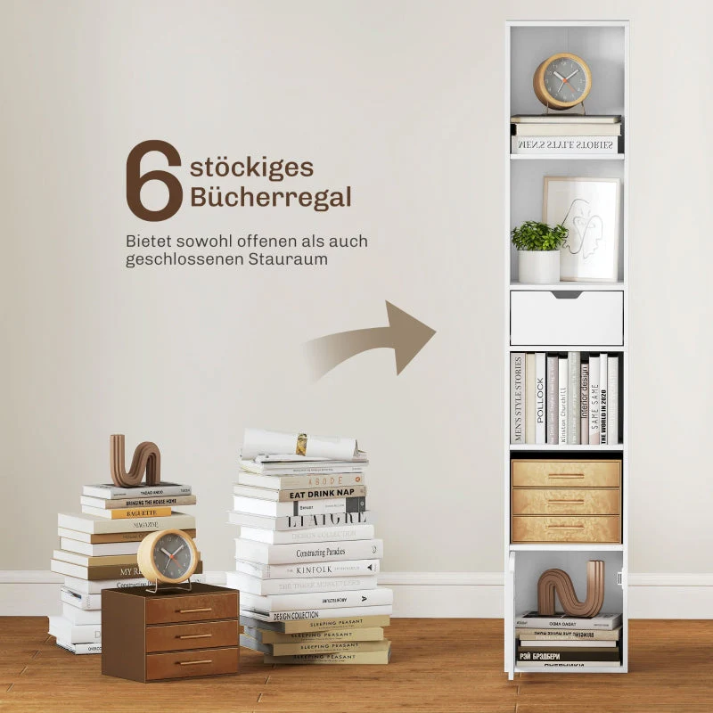 Bookshelf 6-Tier Adjustable Drawer Cabinet White - Image 4